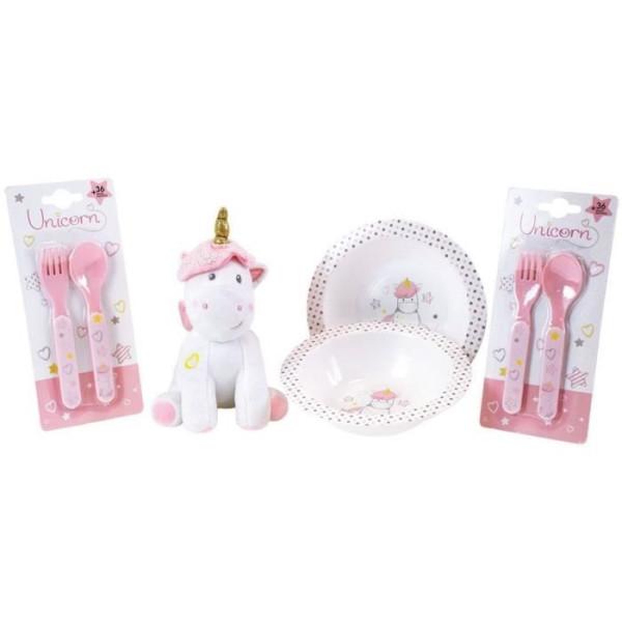 Fun House Lot vaisselle licorne pour enfant - fun house - 006319 - 2 assiettes, 2 sets de couverts et 1 peluche douce