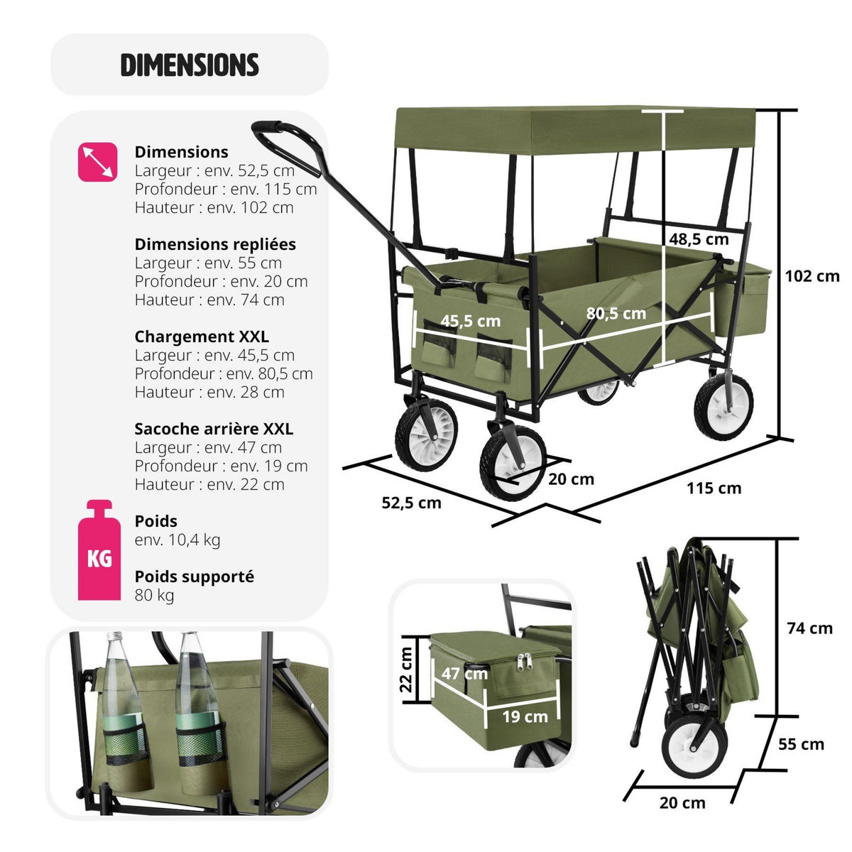 tectake Chariot de jardin et de transport pliable avec toit vert