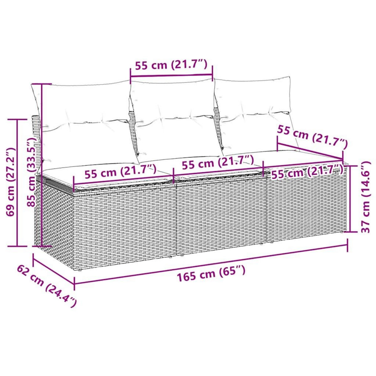 VIDAXL Canape de jardin et coussins 3 places gris clair resine tressee
