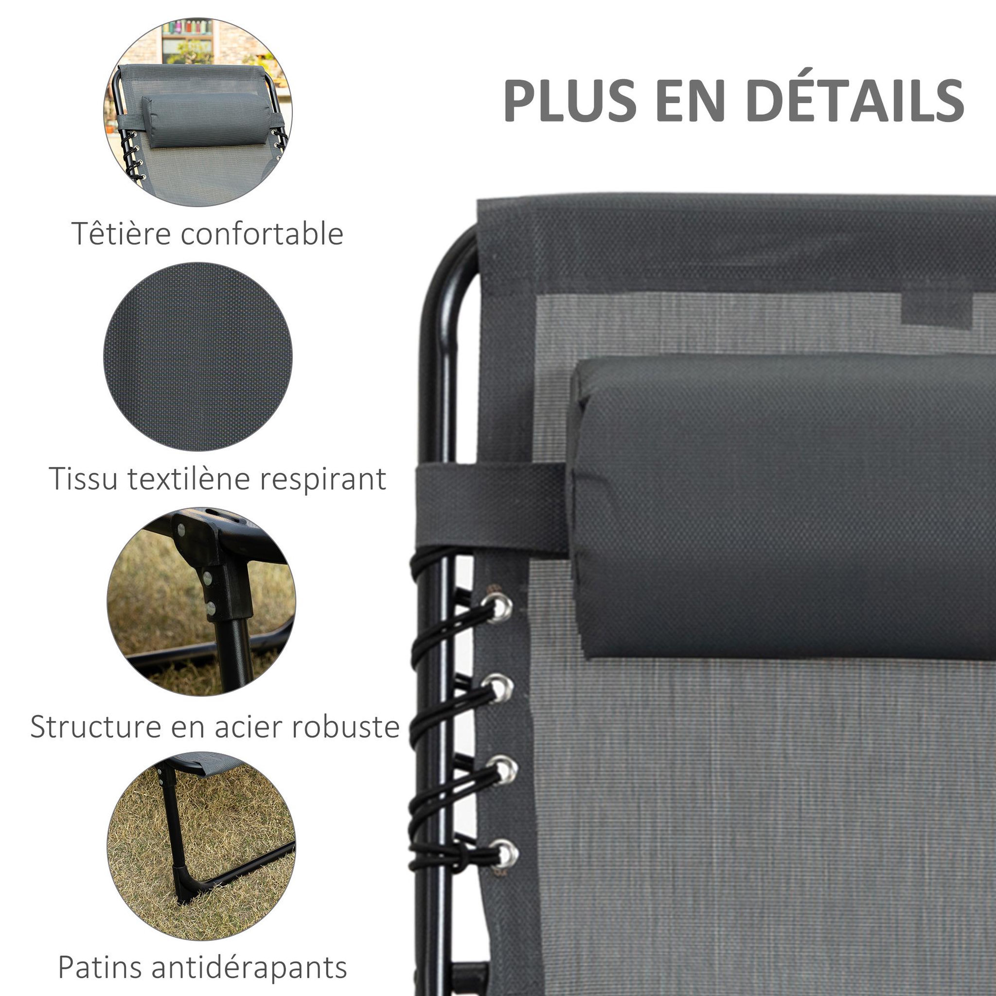 Voir la diapositive 5 : OUTSUNNY Bain de soleil transat pliable avec poignée - dossier inclinable multi-positions, pochette, tétière - acier époxy noir lacets élastiques textilène gris