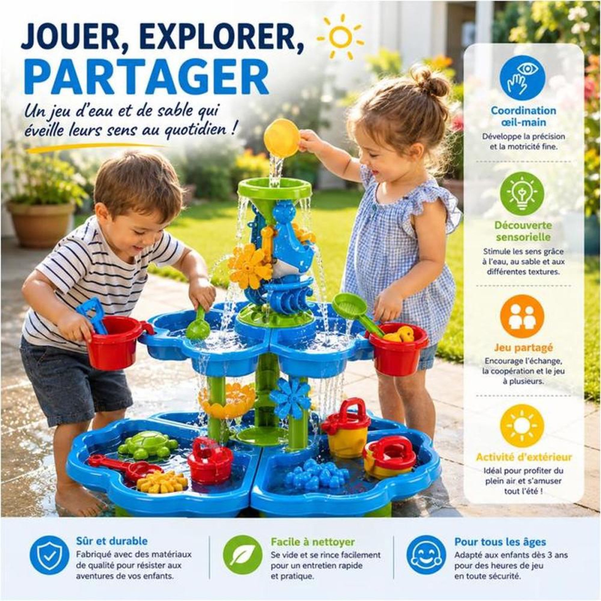 Voir la diapositive 6 : Table de jeux sable et eau à 2 niveaux avec accessoires 18 pcs, pour enfants 3+