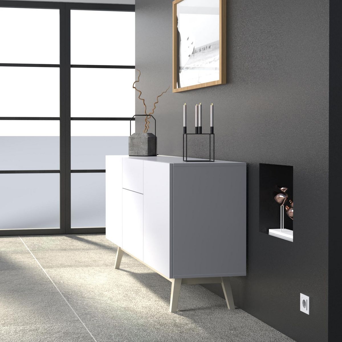 Bahut scandinave 3 portes 1 tiroir L180xP42xH80cm SNOW