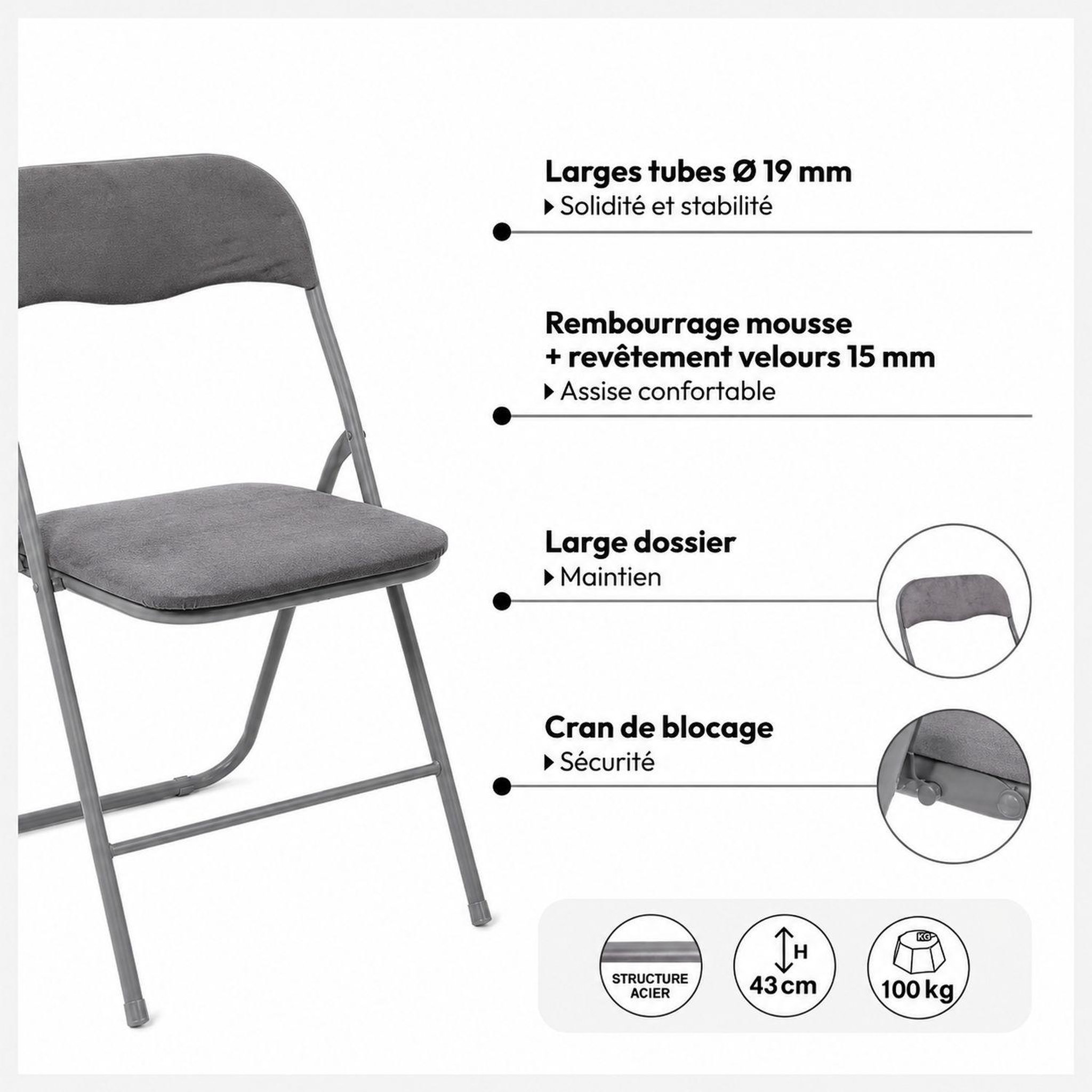 Voir la diapositive 5 : FIVE Lot de 6 chaises pliantes effet velours
