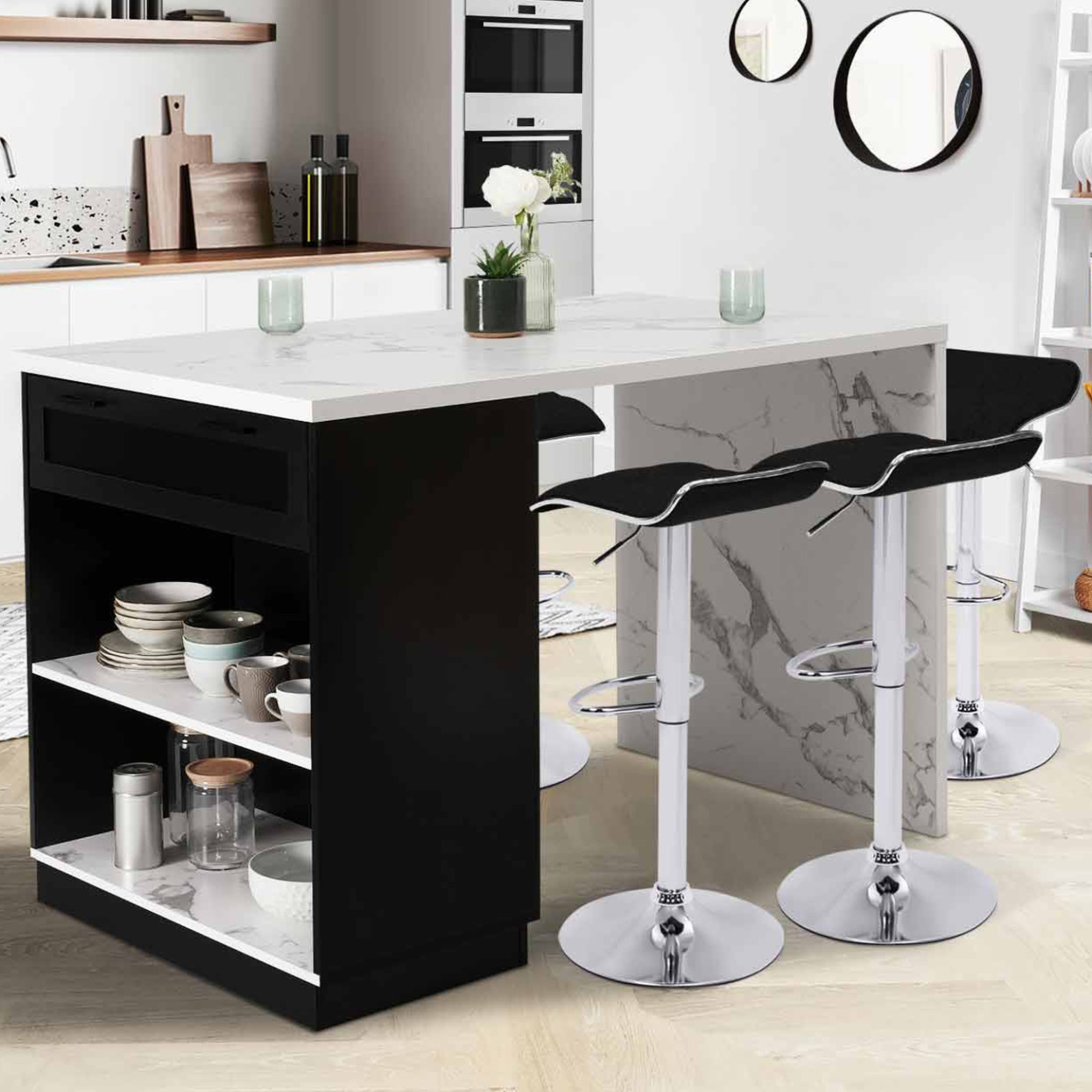 Voir la diapositive 2 : ID MARKET Ilot central mange debout 4 personnes vito 130 cm noir et plateau effet marbre alaska
