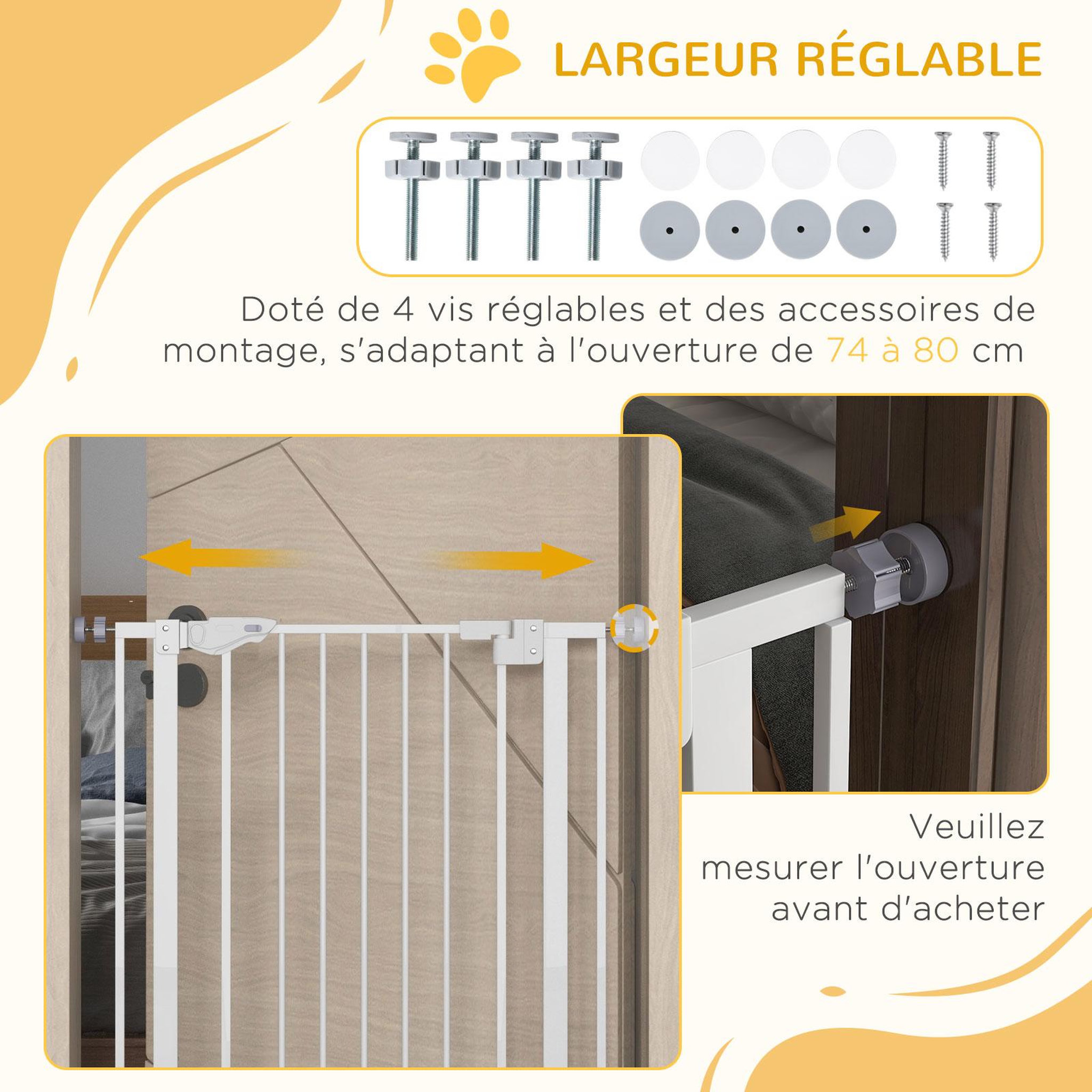 Voir la diapositive 4 : PAWHUT Barrière de sécurité animaux - longueur réglable dim. 74-80 cm - porte double verrouillage, ouverture double sens, petite porte -sans perçage - acier plastique blanc