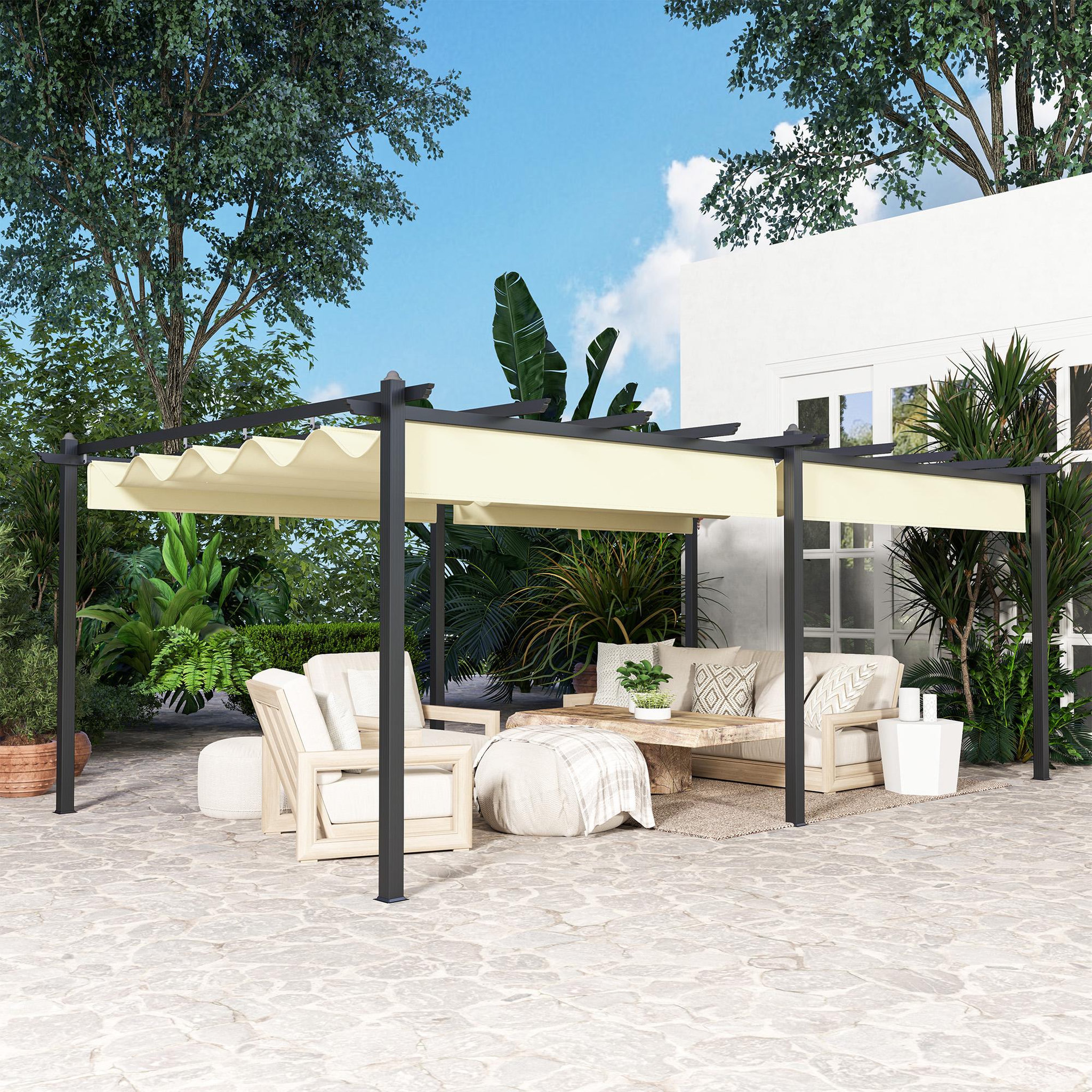 Voir la diapositive 2 : OUTSUNNY Pergola rétractable dim. 5,97L x 3,58l x 2,23H m structure robuste alu toile polyester haute densité 180 g/m² incluse beige clair