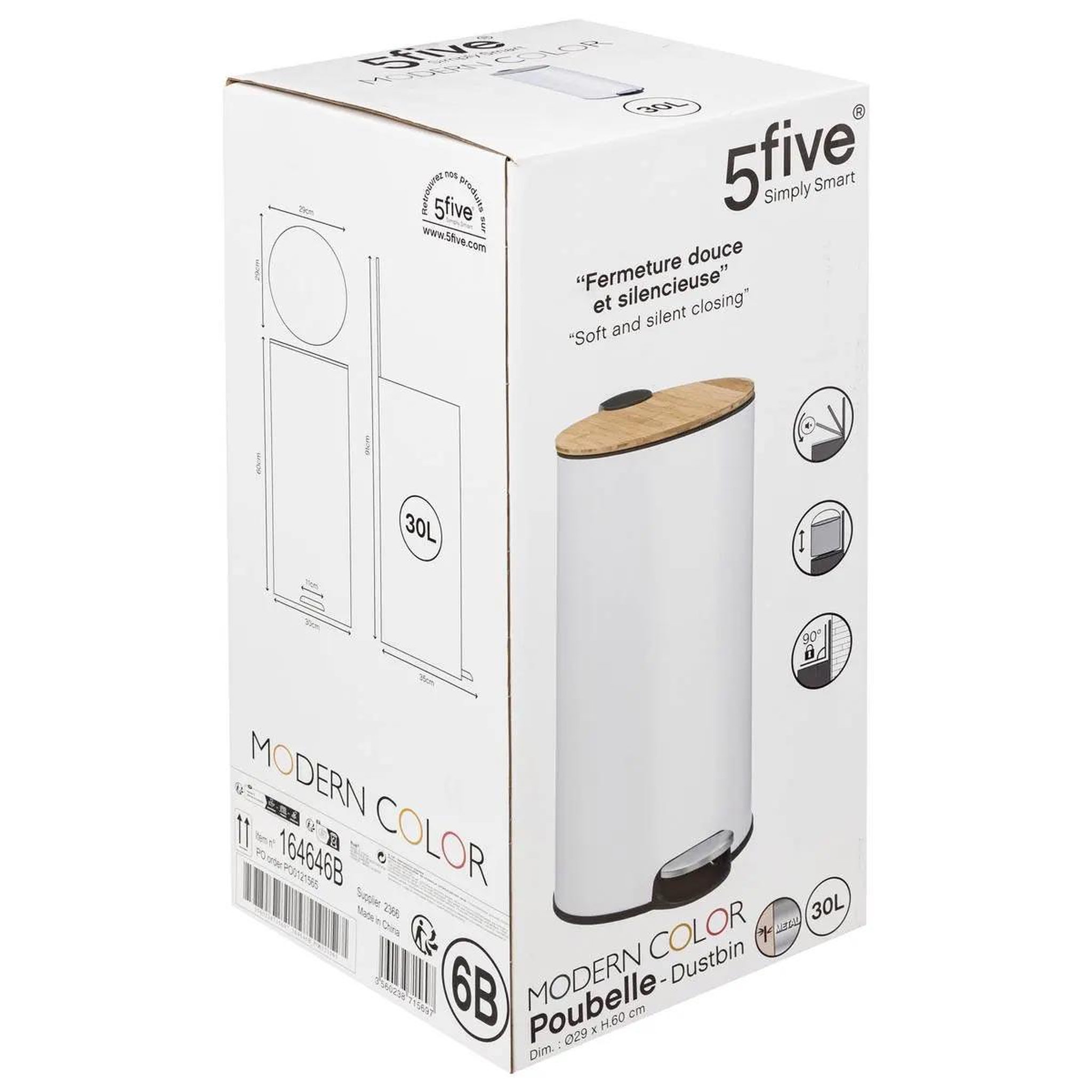 Voir la diapositive 4 : FIVE Poubelle en métal & bambou  natureo  30l blanc