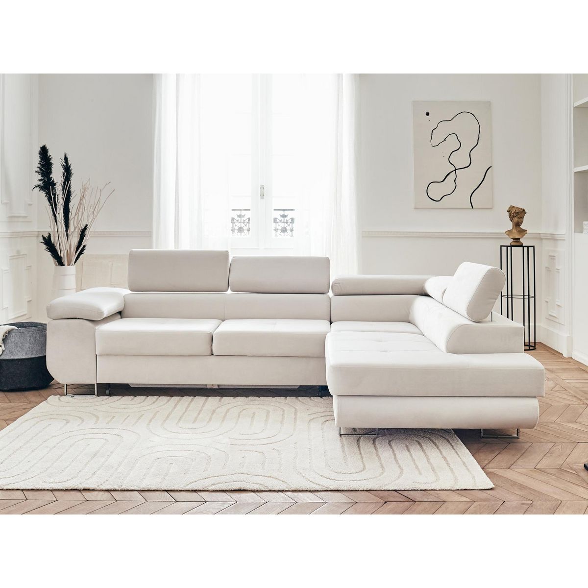 BEST MOBILIER Pablo - canapé d'angle droit - 5 places - convertible avec coffre et têtières réglables - en velours