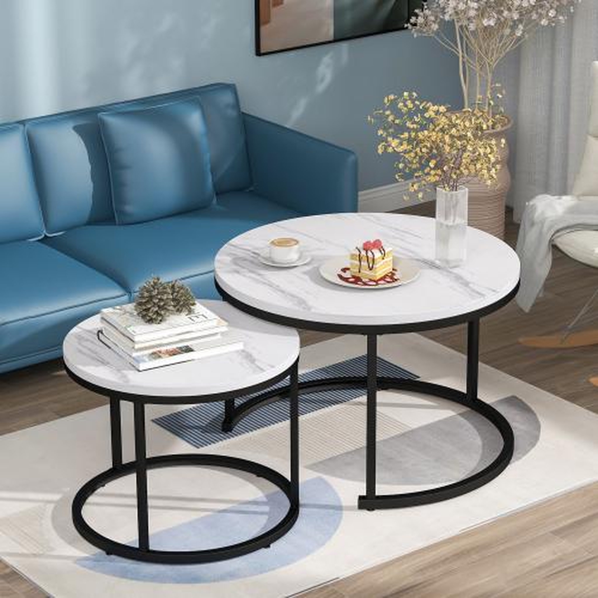 Voir la diapositive 2 : MERAX Ensemble De 2 Tables Basses Rondes Avec Cadre En Métal Et Plateau En Panneaux Placage Marbre Blanc