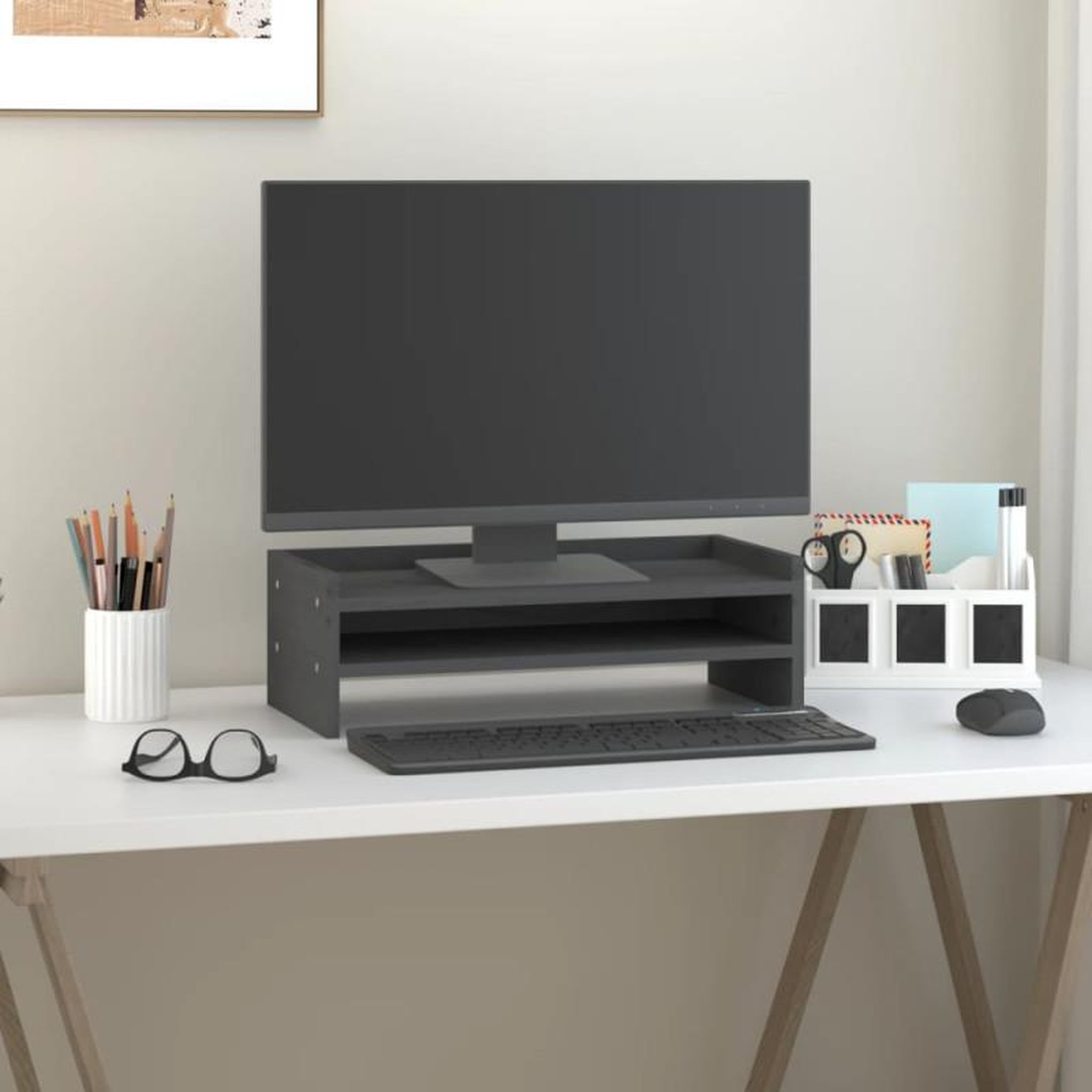 Voir la diapositive 3 : VIDAXL Support de moniteur Gris 50x24x16 cm Bois de pin solide