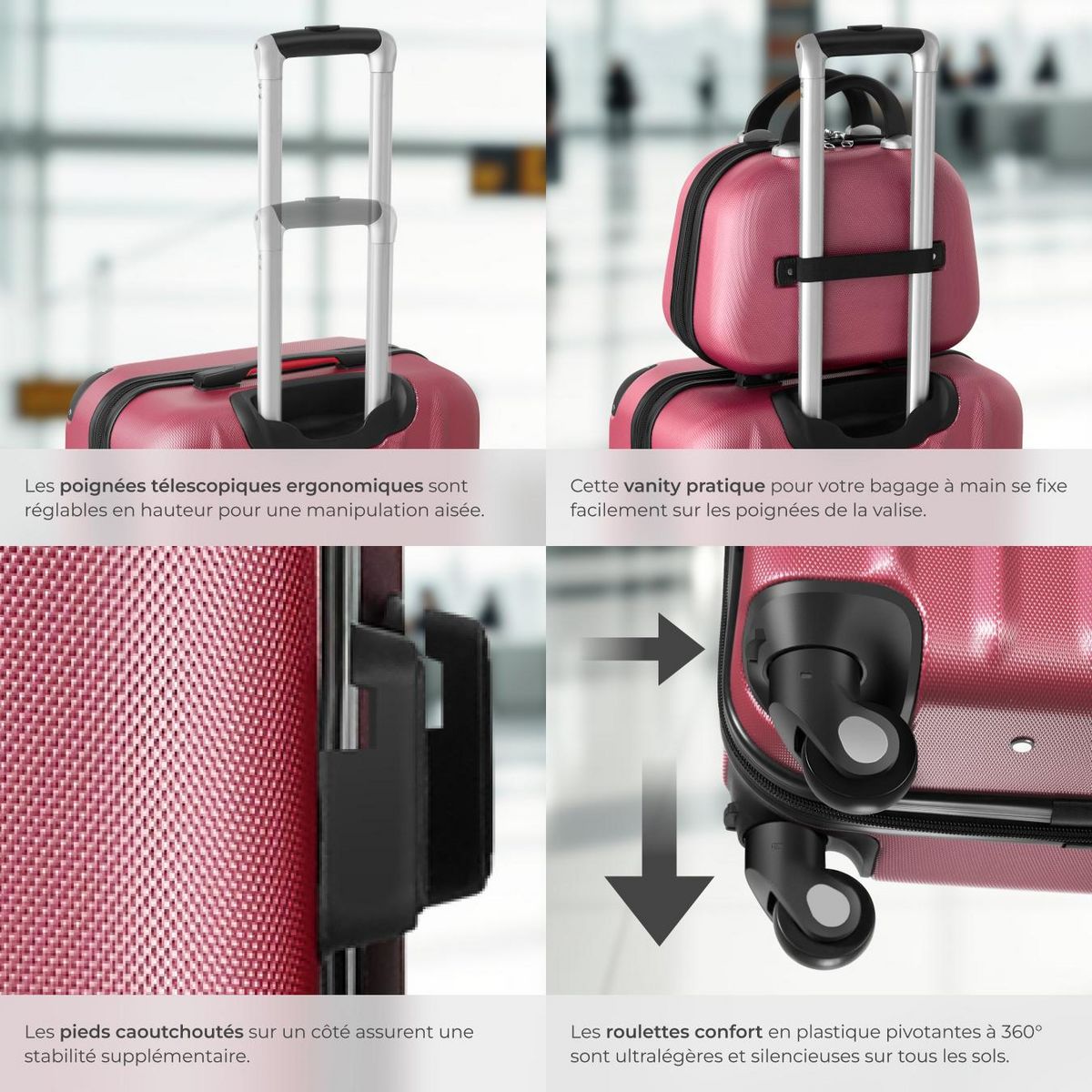 tectake Set de valises trolley rigides 4 pièces, 3 trolleys et une trousse de beauté en plastique ABS robuste rouge bordeaux