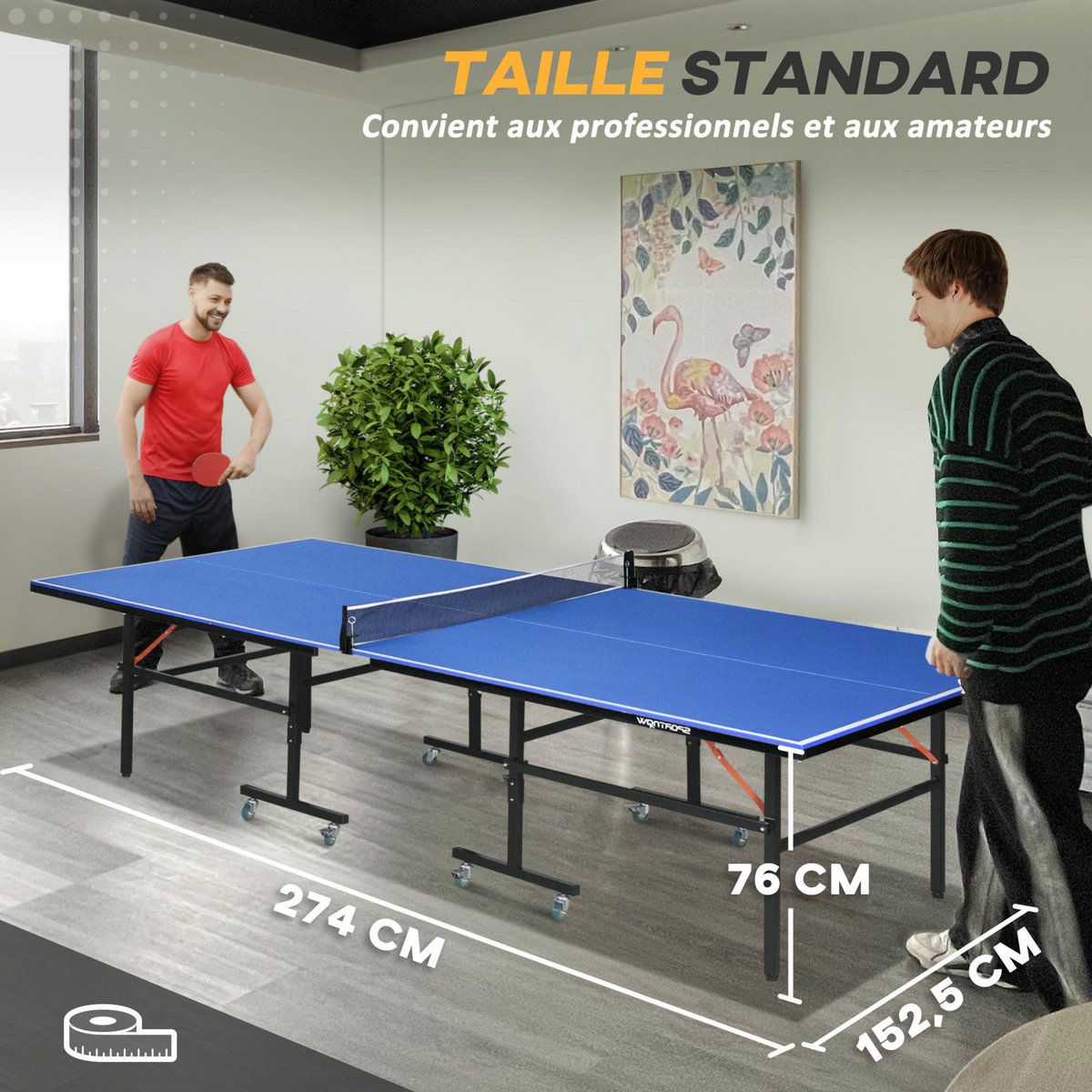 HOMCOM Table de ping pong tennis de table pliable 8 roues - filet, 2 raquettes, 3 balles inclus - noir bleu
