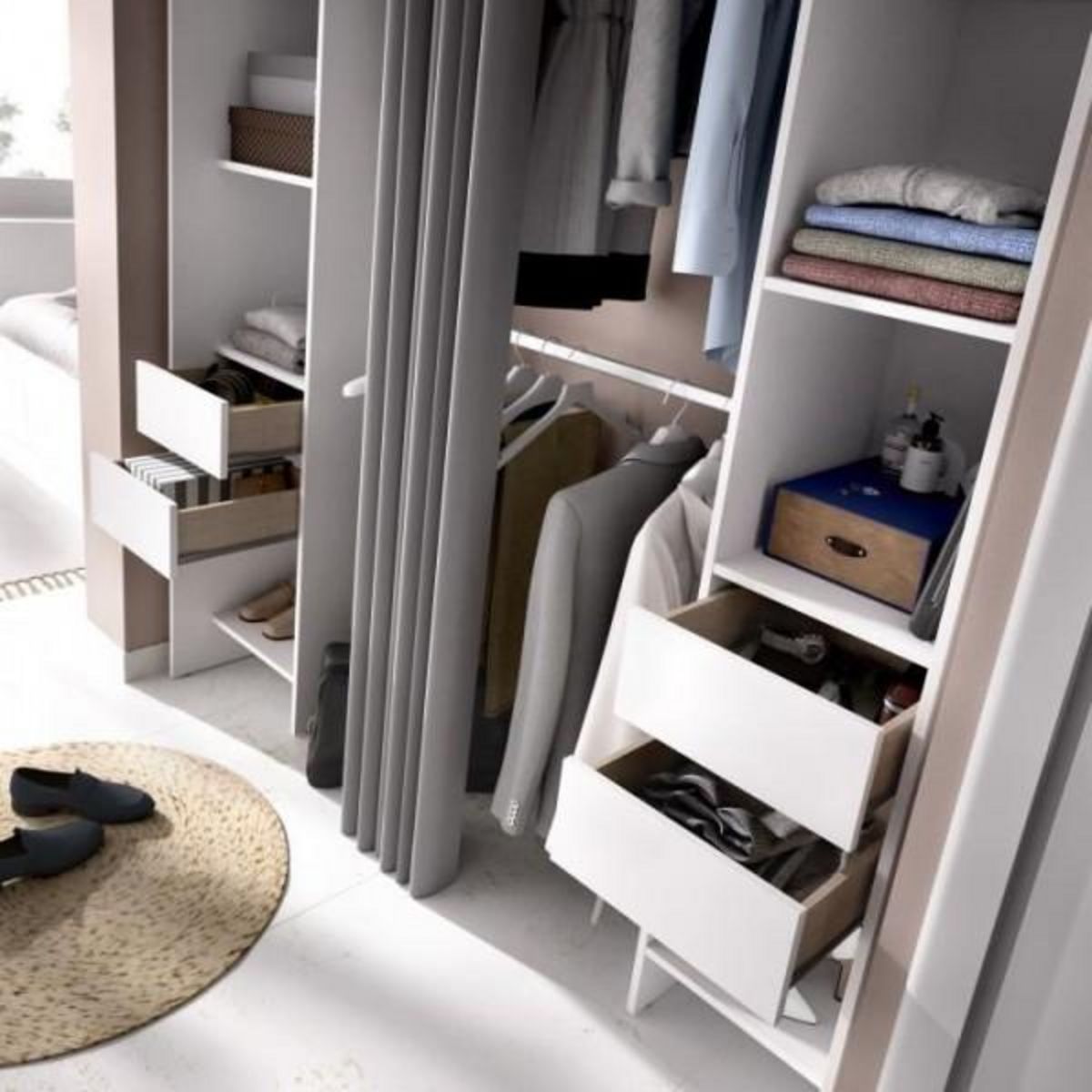 MARKET24 Kit-dressing extensible avec rideau et 4 tiroirs - SUIT - Blanc - L 180-113 x P 50 x H 205 cm