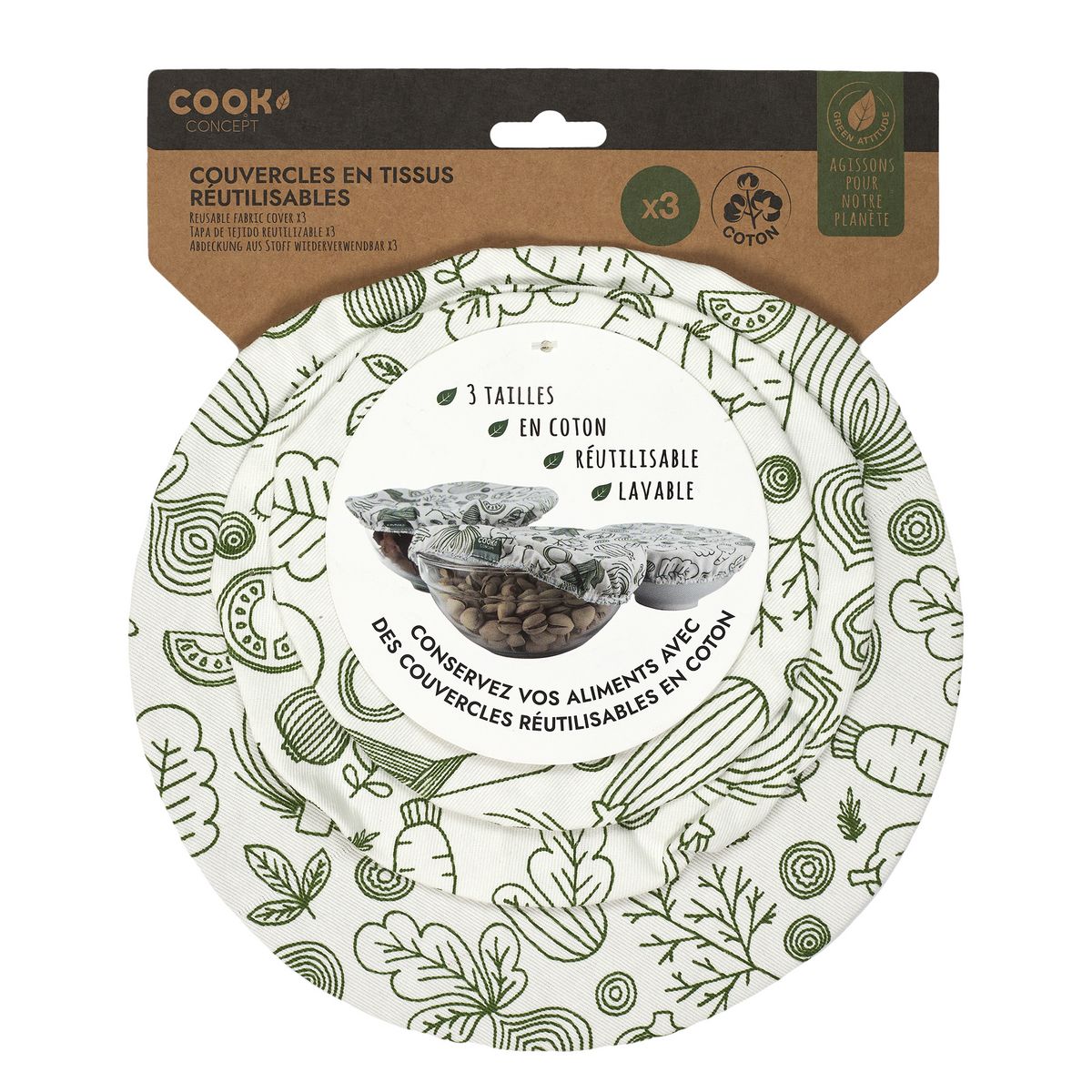 Lot de 3 couvercles en tissu réutilisable