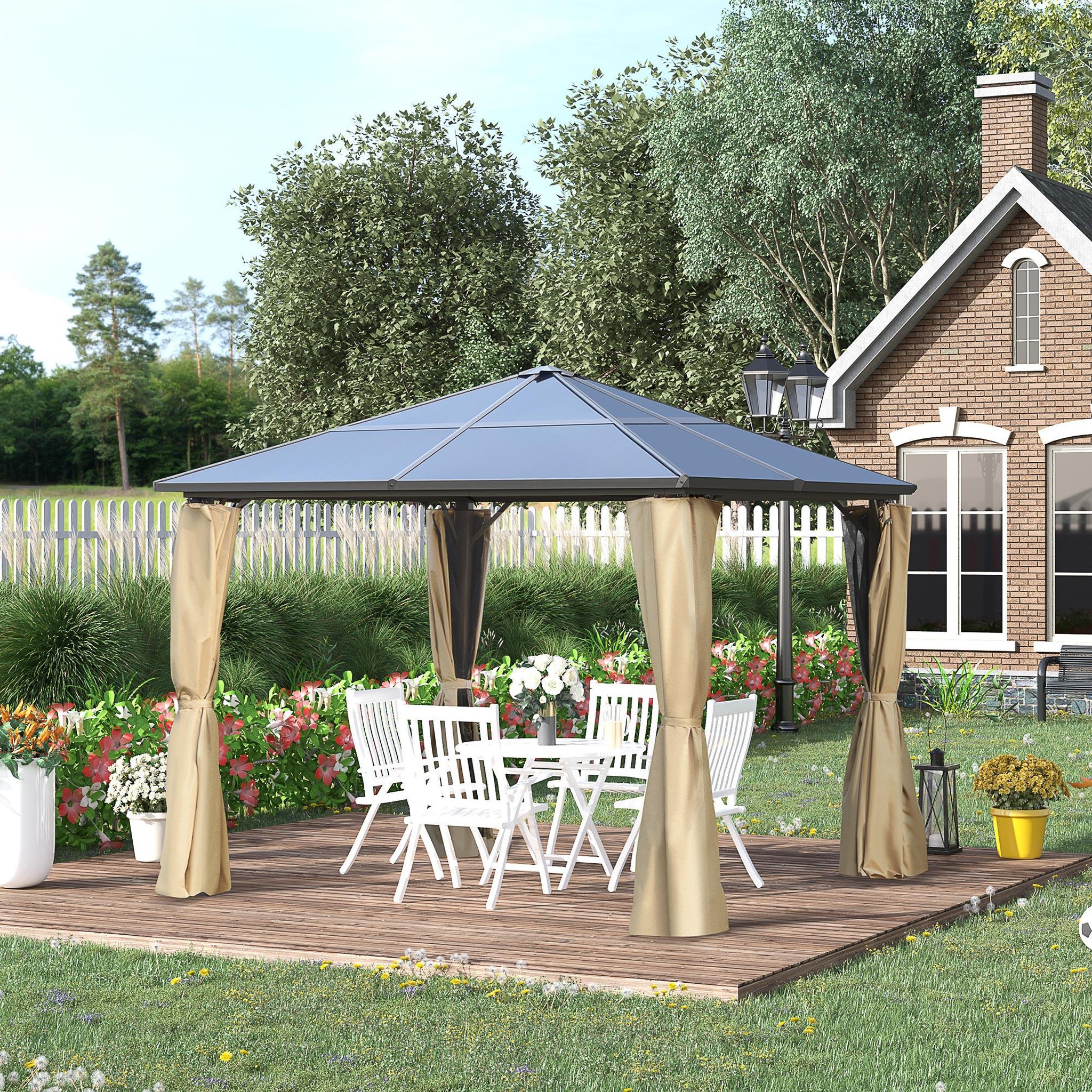 Voir la diapositive 2 : OUTSUNNY Pavillon de jardin tonnelle toit rigide polycarbonate dim. 2,94L x 2,94l x 2,67H m 4 parois latérales anti-UV moustiquaires structure aluminium beige