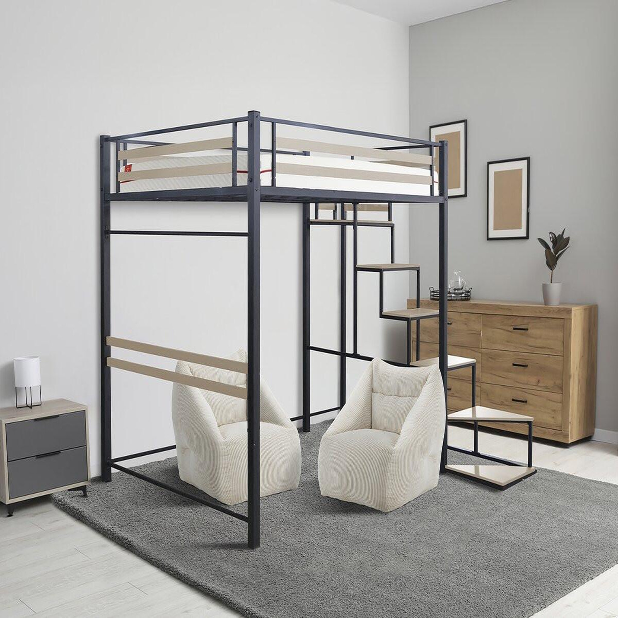 Voir la diapositive 2 : Habitat et Jardin Lit mezzanine en métal avec escalier  LENA  - 140 x 190 cm - Noir