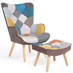 ID MARKET Fauteuil scandinave IVAR avec repose pieds en tissu patchwork multicouleurs