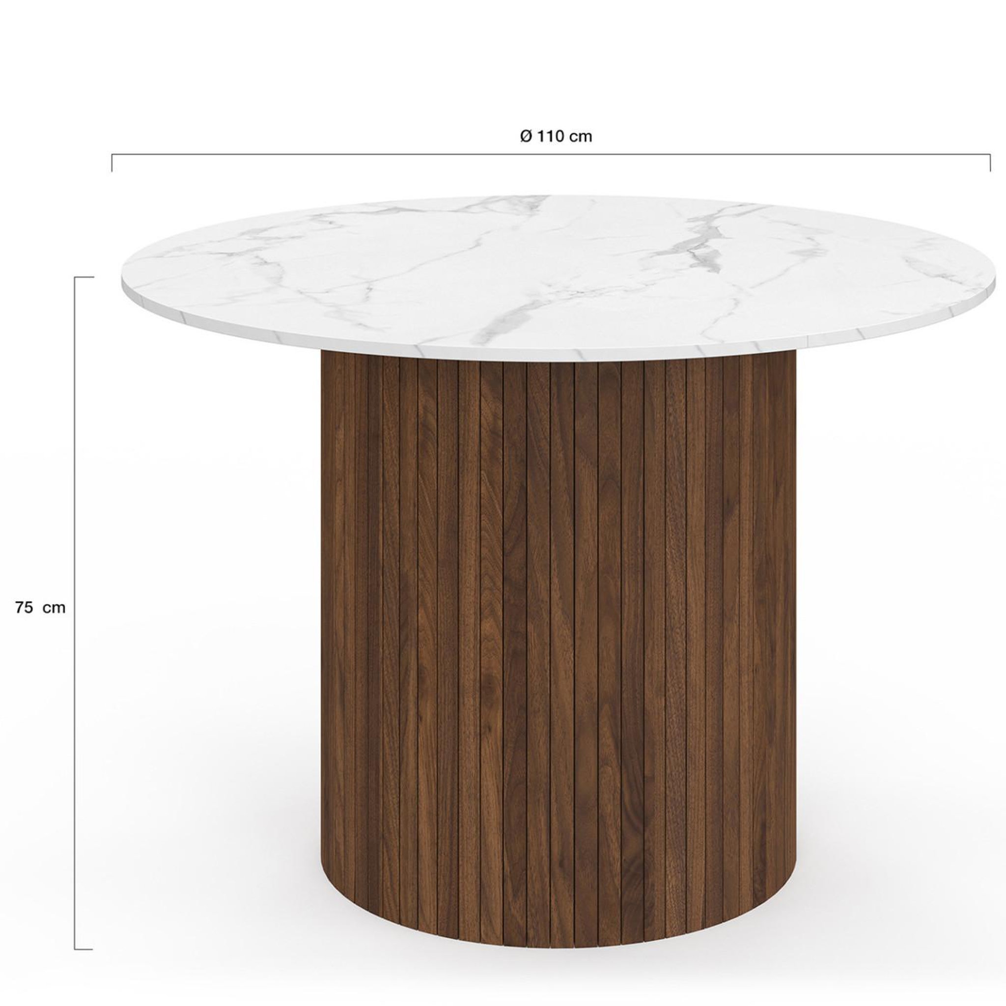 Voir la diapositive 4 : ID MARKET Table à manger ronde juliette 6 personnes pied central effet lattes noyer et plateau effet marbre blanc alaska 110 cm