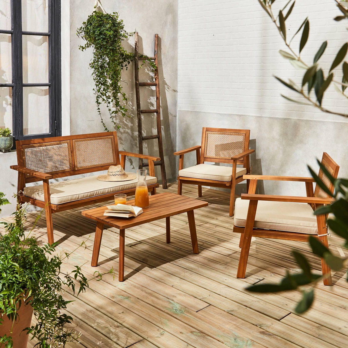 SWEEEK Salon de jardin en bois et cannage canapé 2 places, 2 fauteuils, 1 table basse - Bohémia 117x64x74 cm