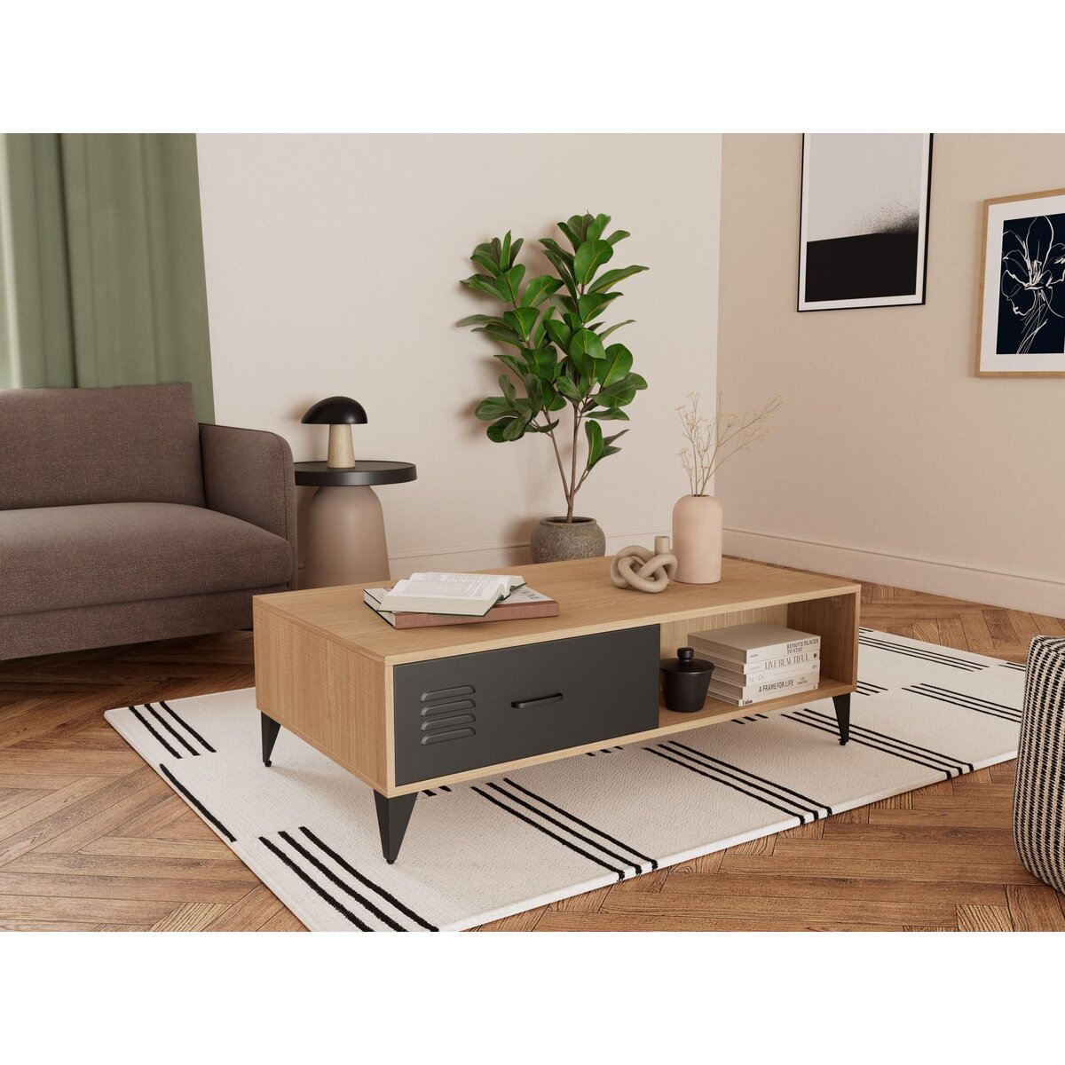 BEST MOBILIER Tribeca - table basse - effet bois et métal noir - 1 tiroir et 1 niche - 110 cm