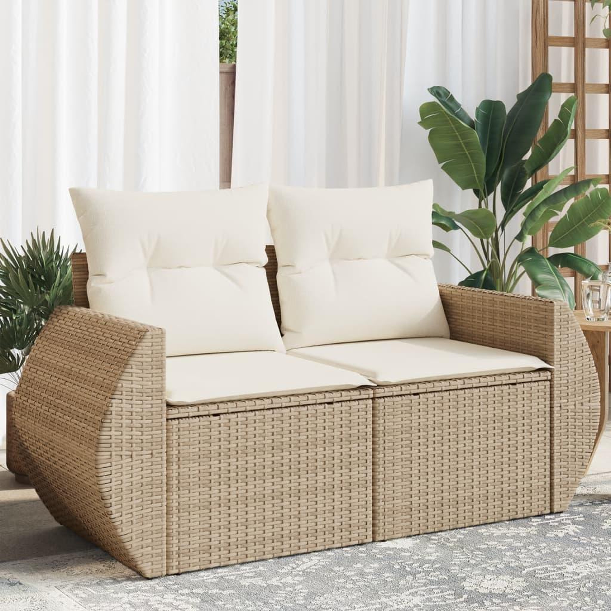 VIDAXL Canape de jardin avec coussins 2 places beige resine tressee