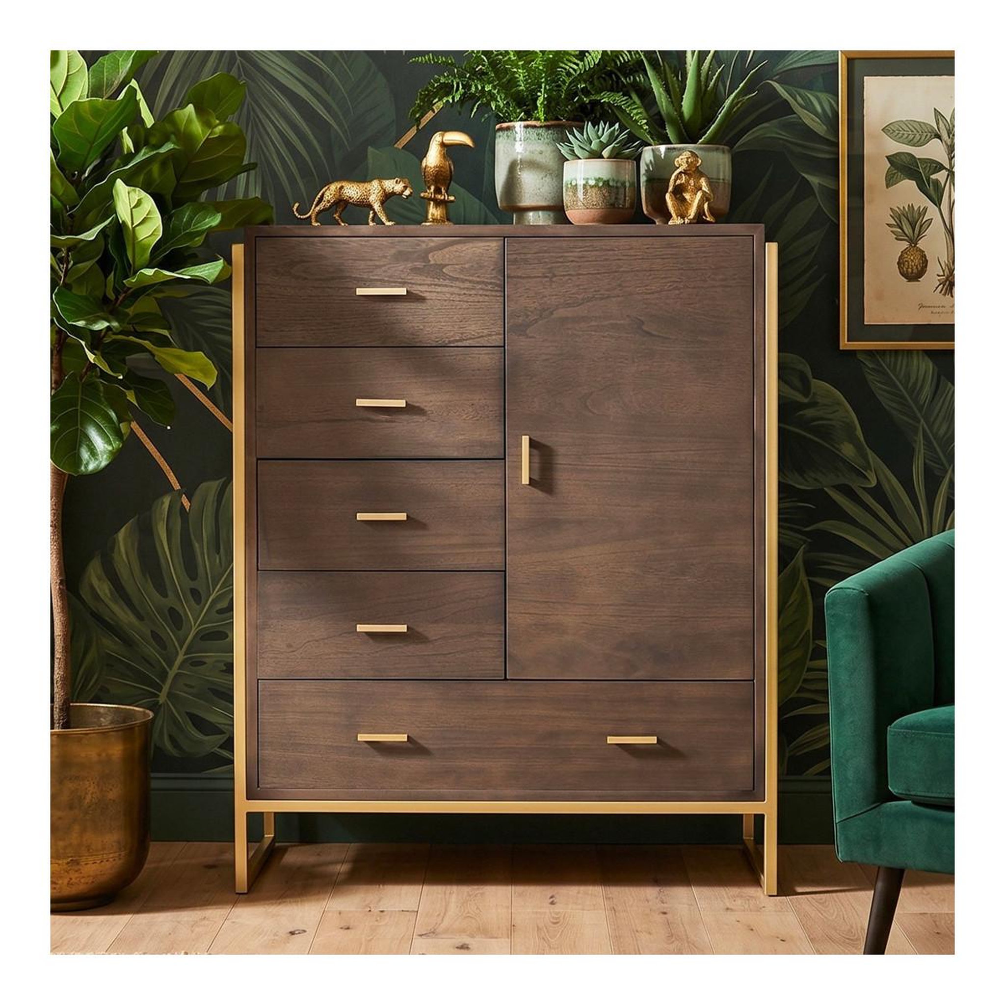 Voir la diapositive 5 : Paris Prix Buffet 5 tiroirs & 1 porte  bynard  112cm marron & or