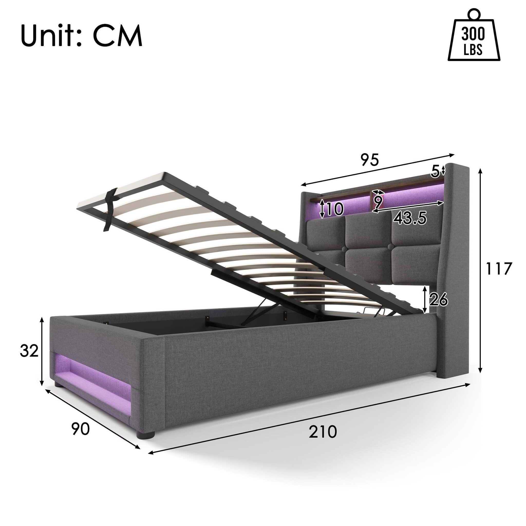 Voir la diapositive 4 : MERAX Lit coffre avec USB et LED Lin gris