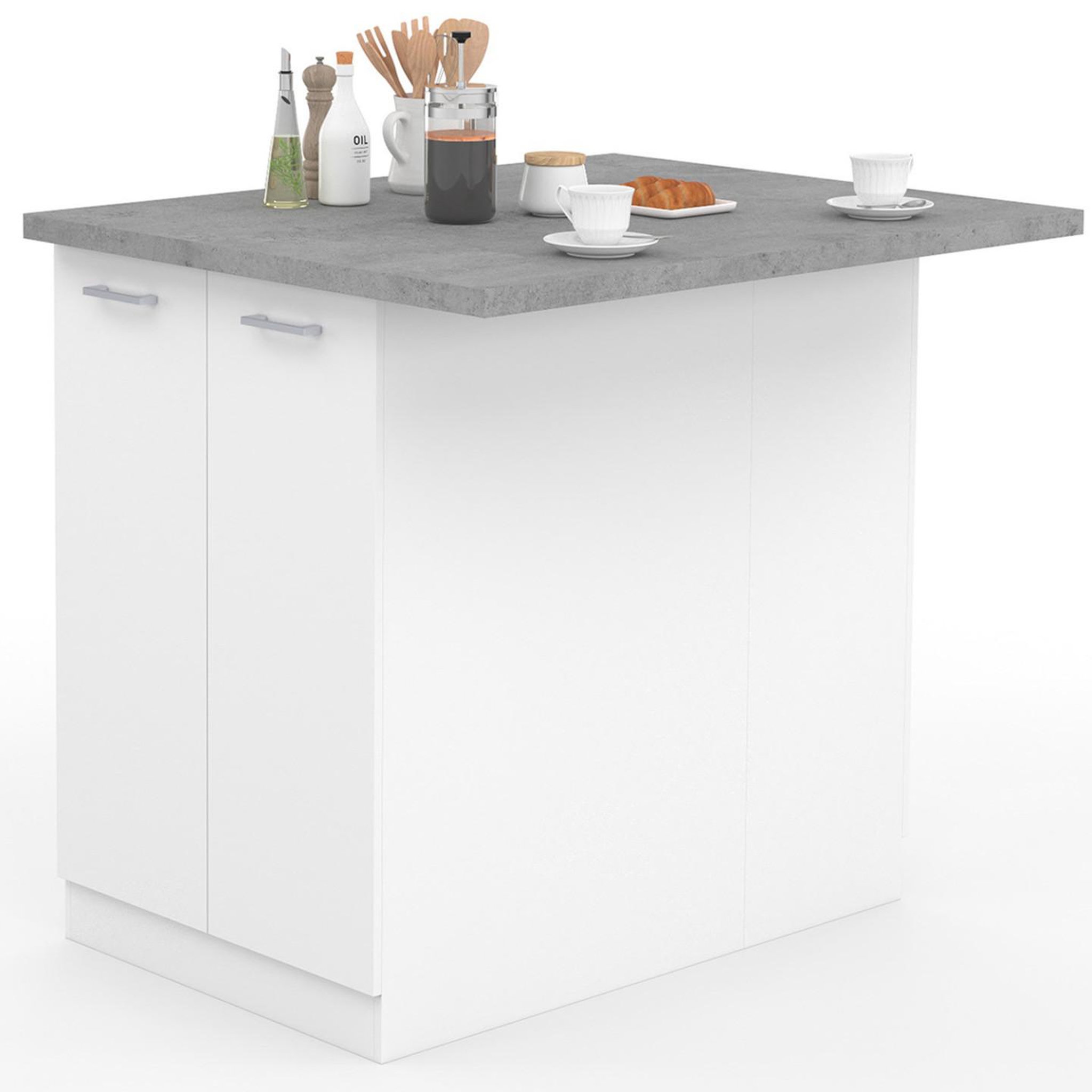 ID MARKET Ilot central ivo 100 cm blanc avec plan de travail effet béton