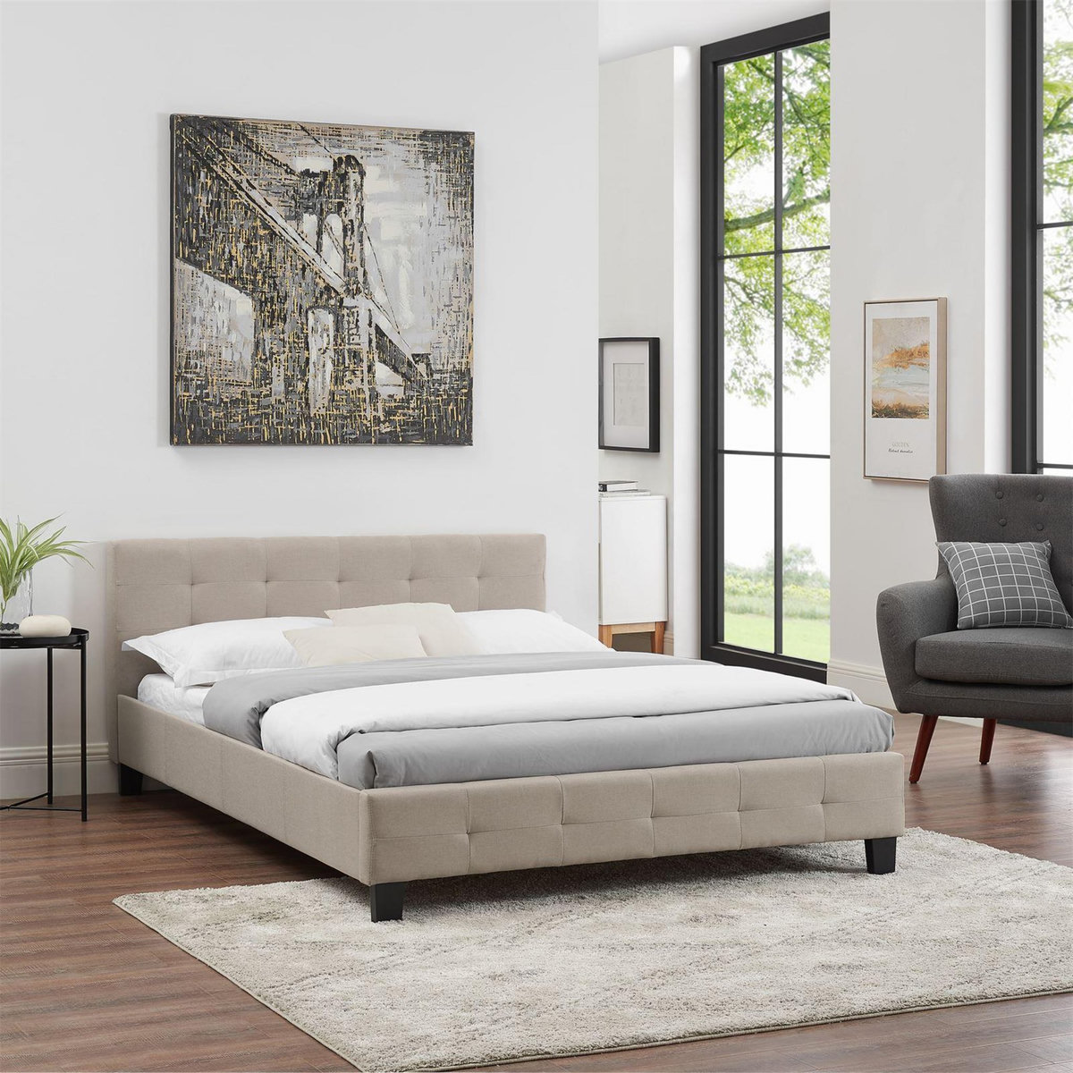 IDIMEX Lit double MATHIEU, 140 x 190 cm, capitonné avec sommier, revêtement en tissu beige