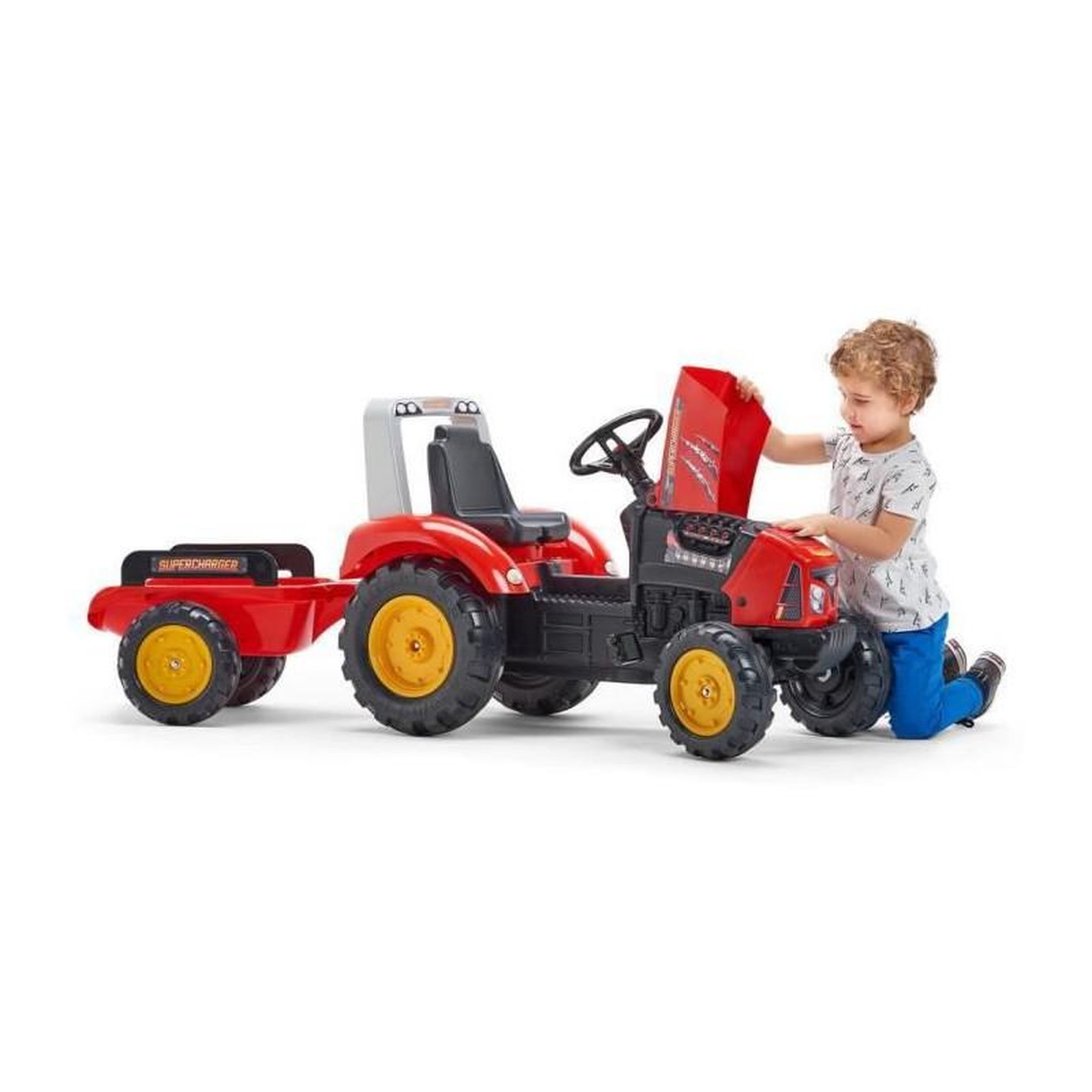 Voir la diapositive 3 : FALK FALK - Tracteur a pedales Supercharger rouge avec capot ouvrant et remorque inclus