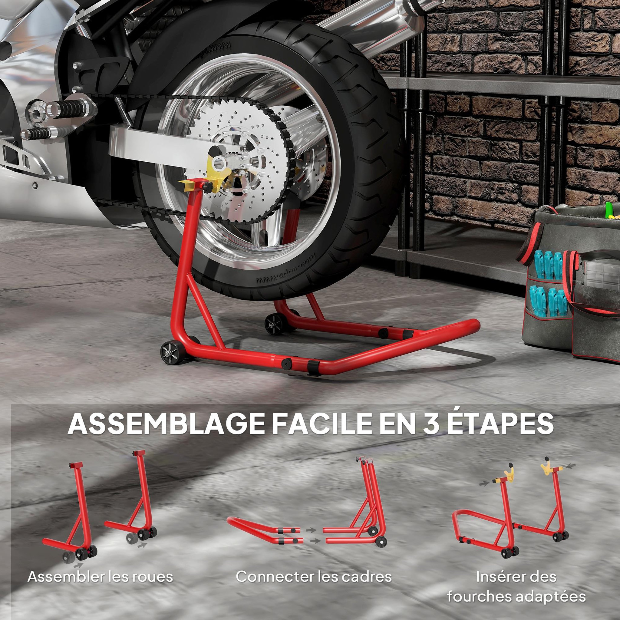 Voir la diapositive 6 : HOMCOM Bloque roue arrière de moto capacité 544Kg acier largeur 310-380 ou 300-400mm rouge