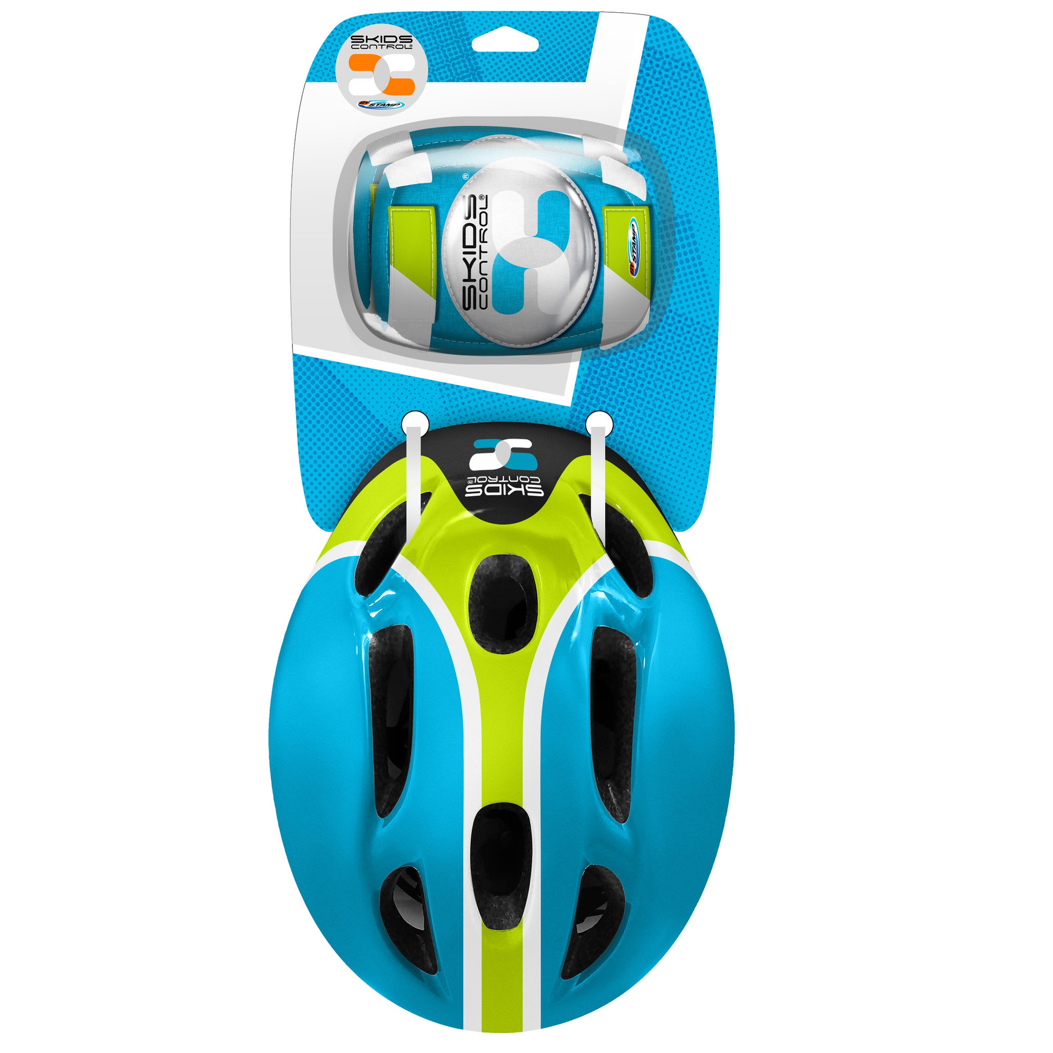 Voir la diapositive 2 : Skids Control Set de protection : Casque + Coudières/Genouillères Bleu - 52/56 cm