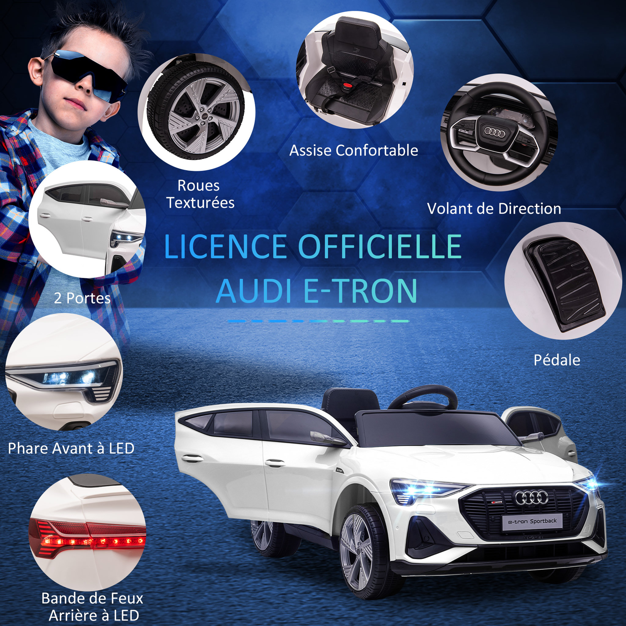 Voir la diapositive 4 : HOMCOM Voiture véhicule électrique enfant e-tron Sportback S line 12 V - V. max. 8 Km/h - effets sonores, lumineux - télécommande, port USB, MP3 - blanc