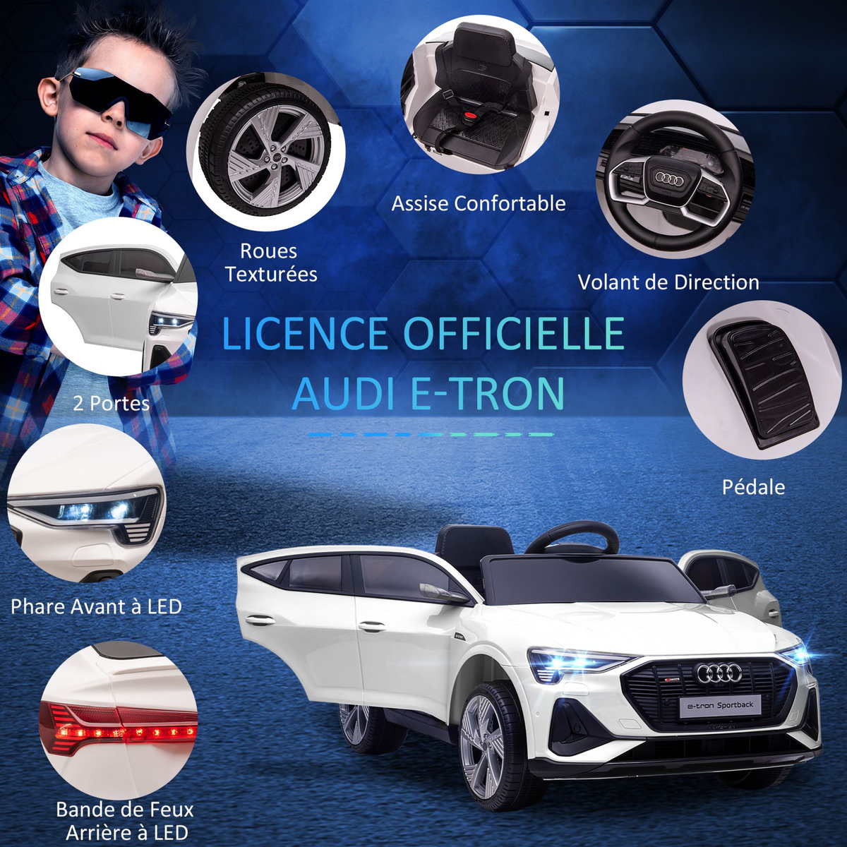 HOMCOM Voiture véhicule électrique enfant e-tron Sportback S line 12 V - V. max. 8 Km/h - effets sonores, lumineux - télécommande, port USB, MP3 - blanc