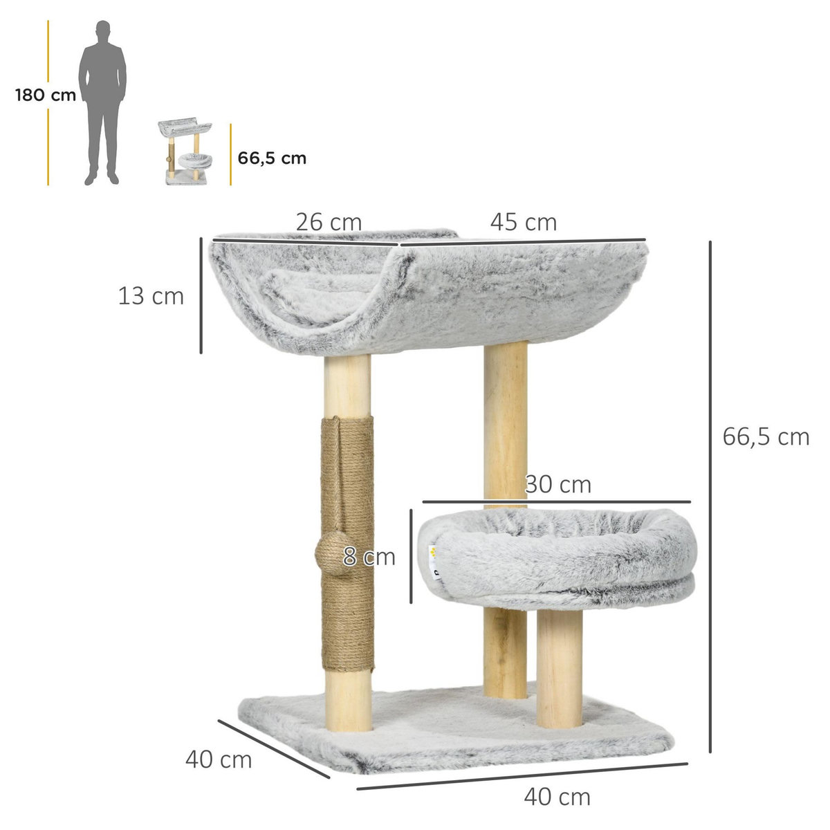 PAWHUT Arbre à chat griffoir chanvre naturel panier plateforme d'observation jeu boule suspendue bois panneaux peluche gris