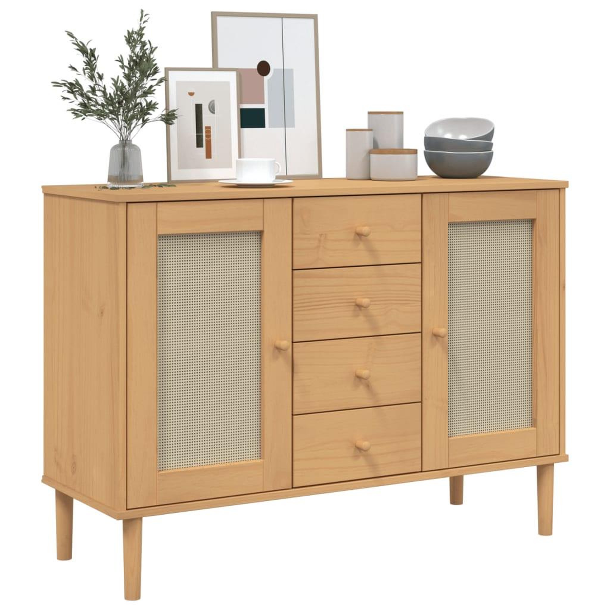Voir la diapositive 3 : VIDAXL Buffet SENJA aspect rotin marron 112x40x80cm bois massif de pin
