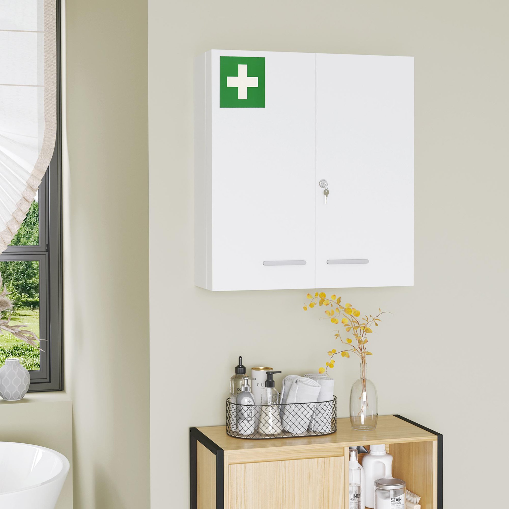 Voir la diapositive 2 : KLEANKIN Armoire à pharmacie murale verrouillable 2 portes 6 étagères 6 compartiments dim. 55 x 18 x 60 cm acier blanc