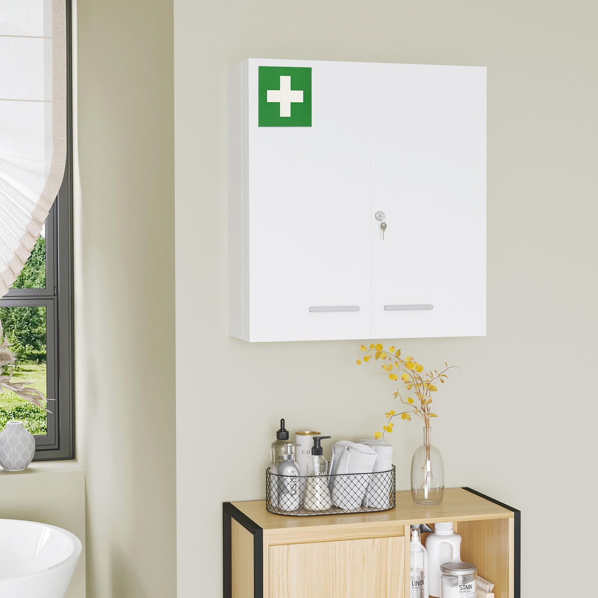 KLEANKIN Armoire à pharmacie murale verrouillable 2 portes 6 étagères 6 compartiments dim. 55 x 18 x 60 cm acier blanc