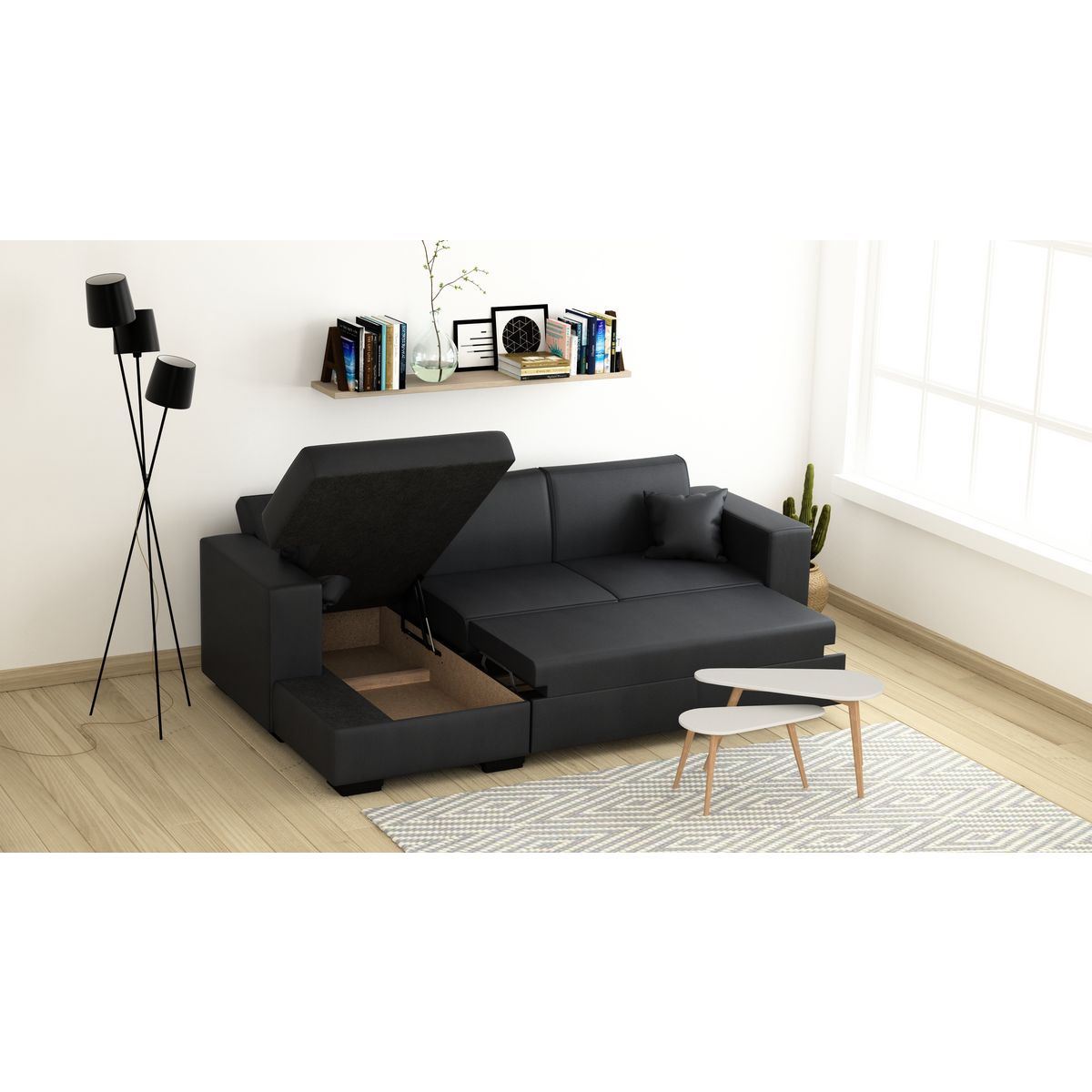 Canapé d'angle gauche convertible 4 places avec coffre  de rangement revêtement tissu PU CARIBEA 