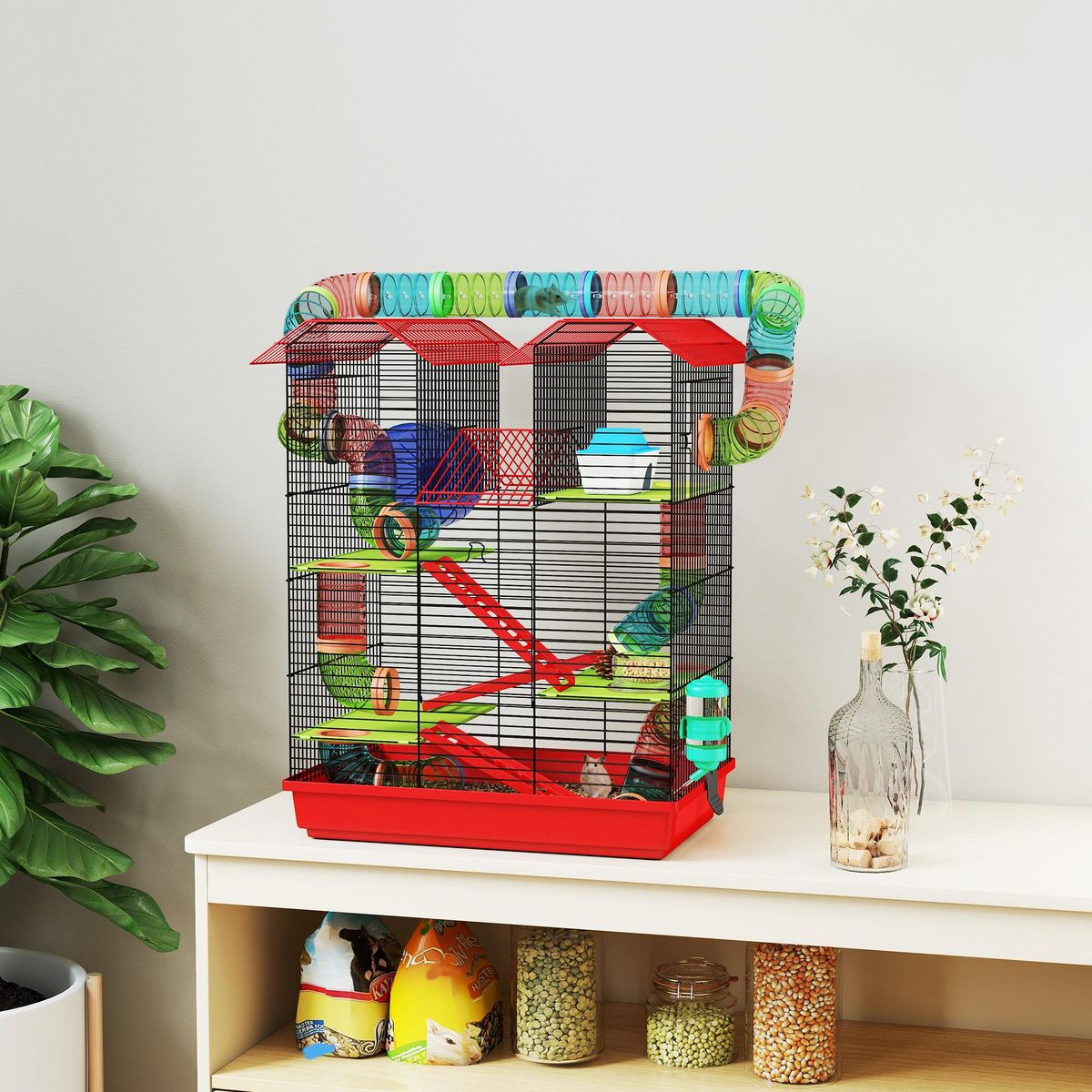 PAWHUT Cage pour hamster souris petits animaux rongeur avec tunnel mangeoire roue jouet 47 x 30 x 59 cm cm bleu