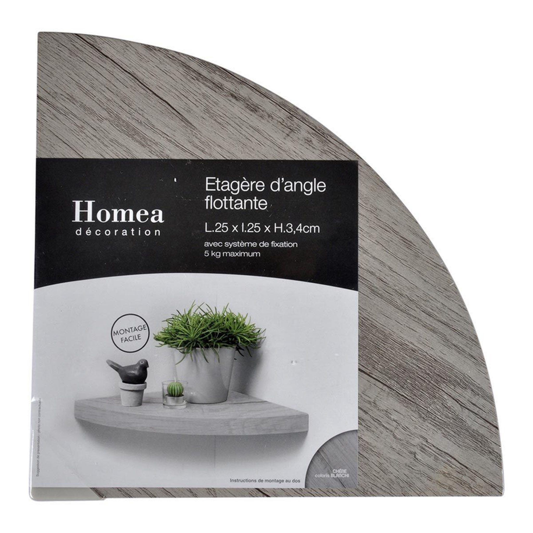 Voir la diapositive 2 : HOMEA Étagère d'angle murale  flottante  25cm chêne blanchi