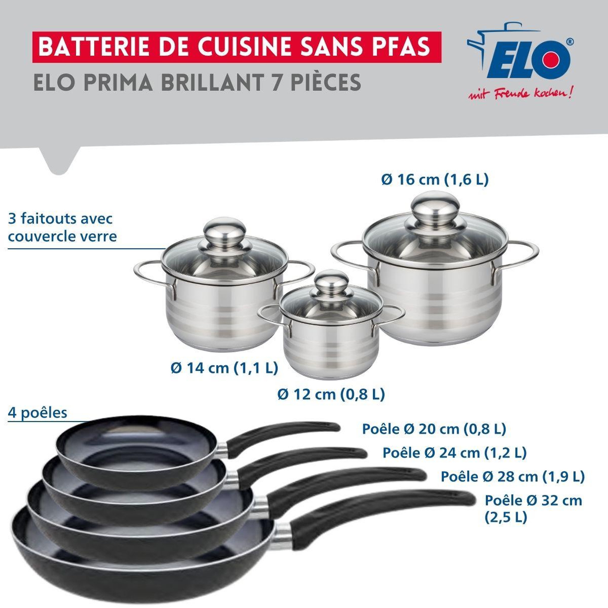 Voir la diapositive 2 : ELO Ensemble de 4 poêles de cuisson 20, 24, 28 et 32 cm et 3 faitouts 12, 14 et 16 cm elo prima brillant