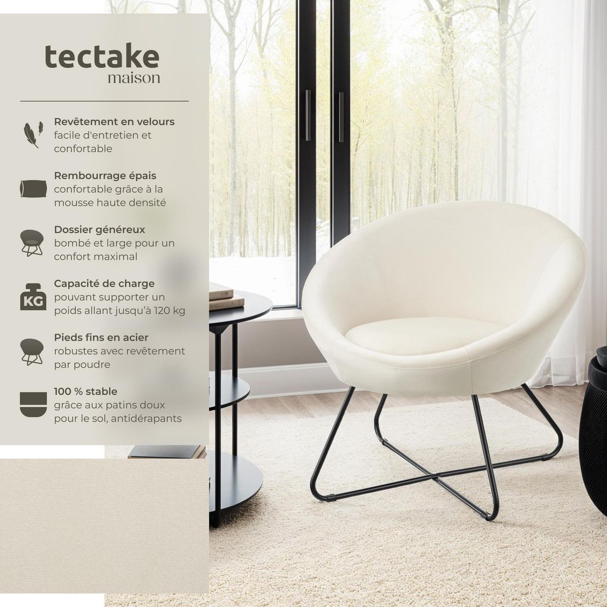 tectake Fauteuil cocktail rembourré avec revêtement en velours Aspect velours beige
