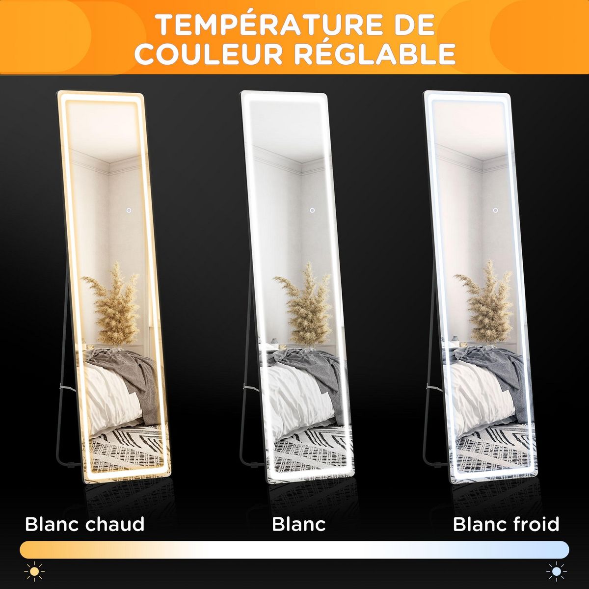 HOMCOM Miroir LED sur pied ou mural au choix - intensité et couleur réglable - télécommande incluse - verre alu. noir