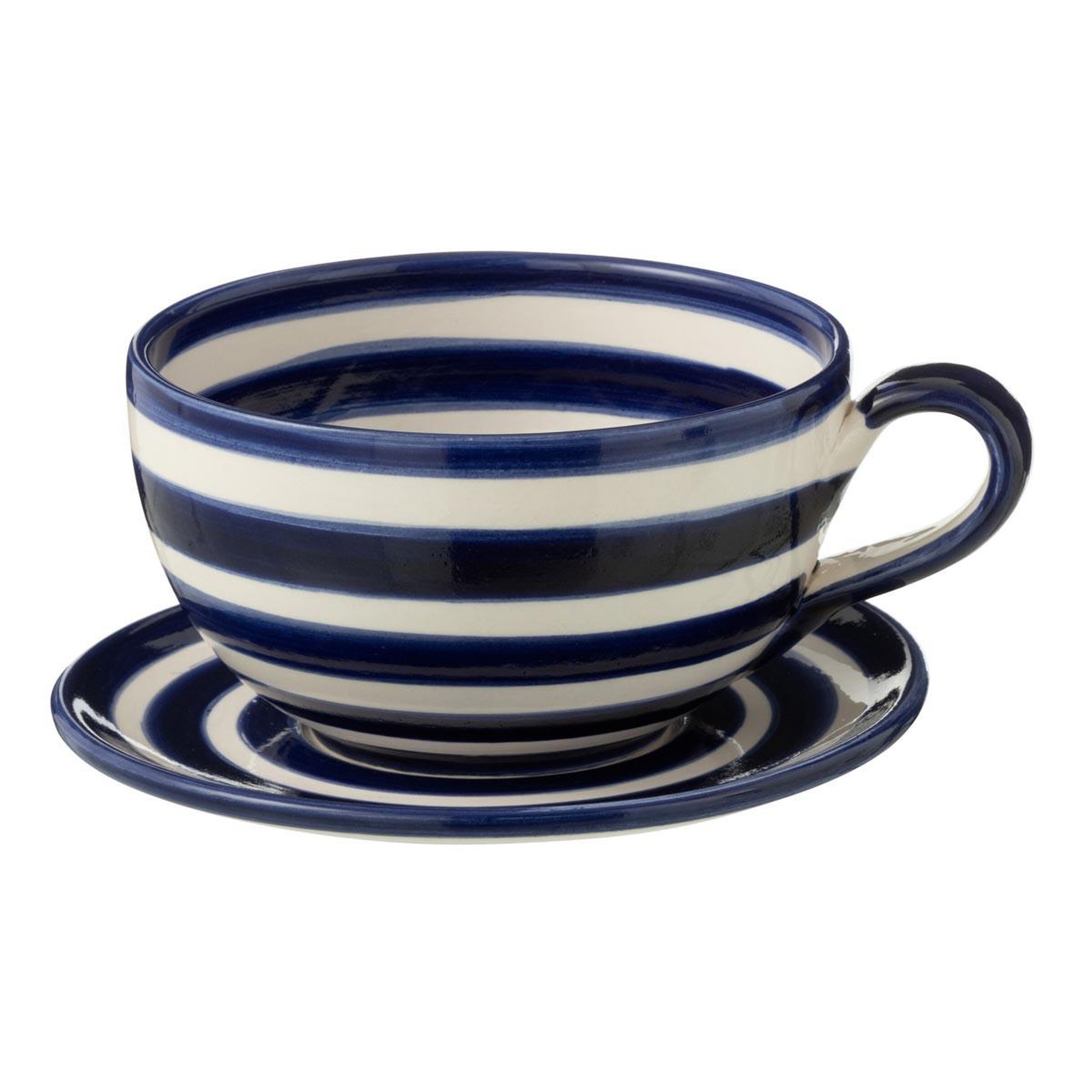 J-LINE Tasse avec sous-tasse en céramique  granada rayure  50cl bleu cobalt
