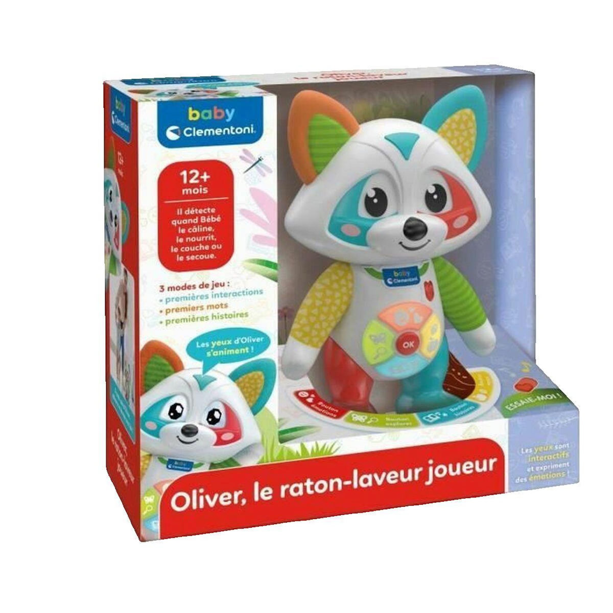 CLEMENTONI Peluche interactive Clementoni Oliver, le raton-laveur joueur coloré