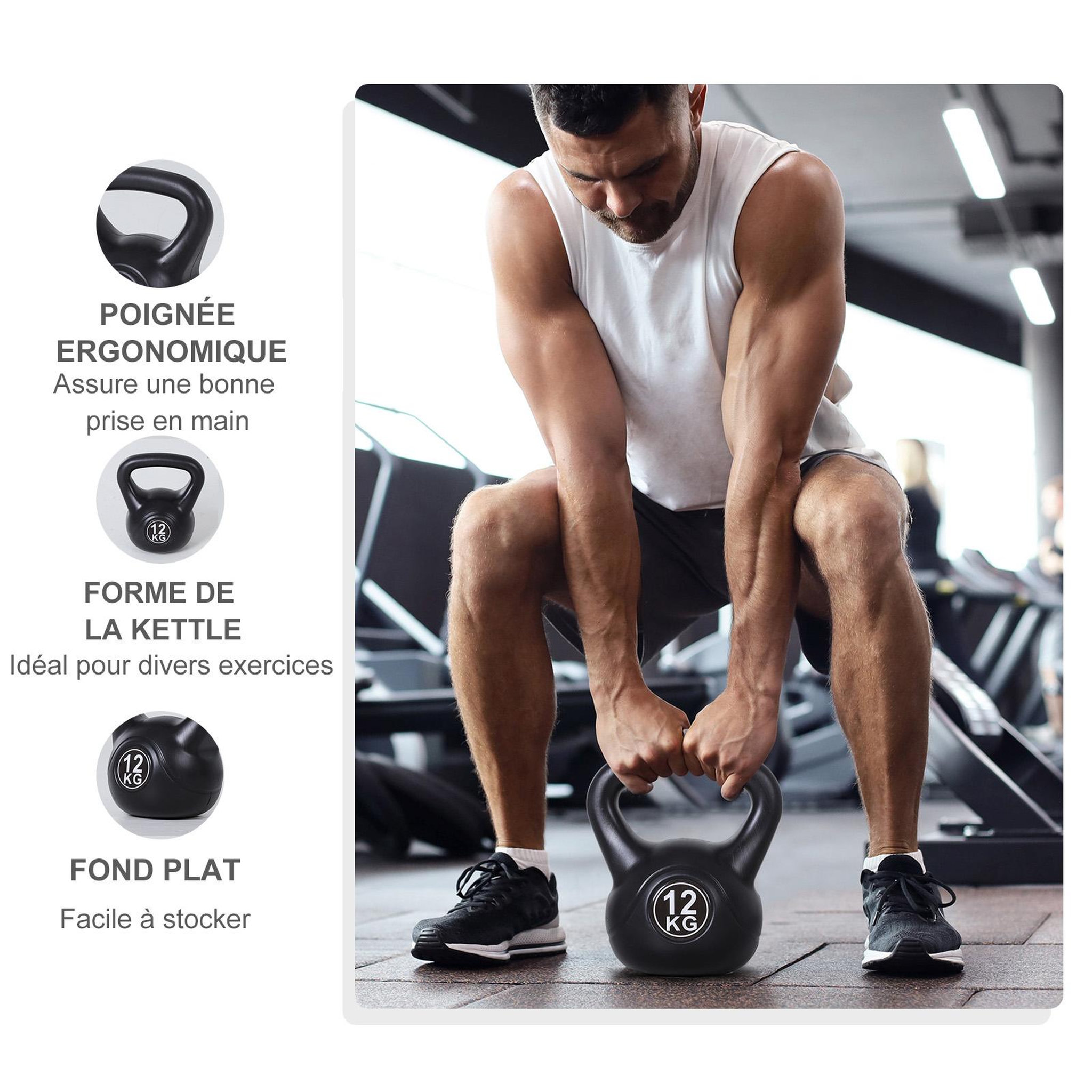 Voir la diapositive 4 : HOMCOM Kettlebell 12 kg - haltère boule - poignée ergonomique - pvc noir