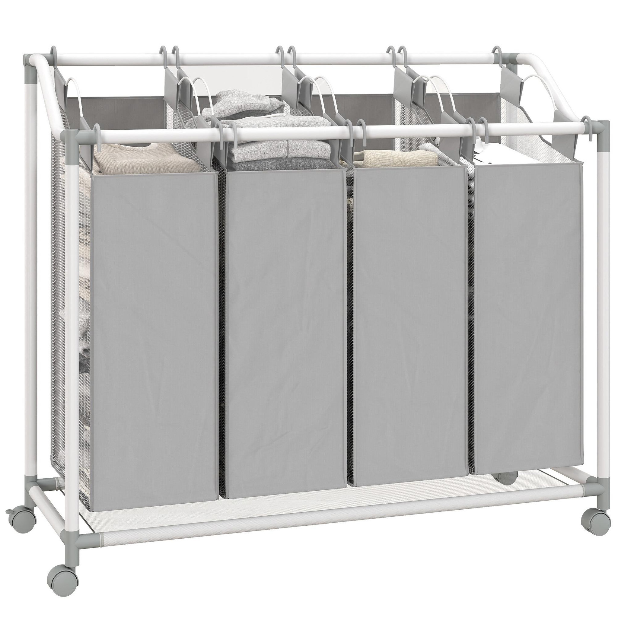 HOMCOM Panier à linge sur roulettes 4 sacs amovible métal tissu oxford gris