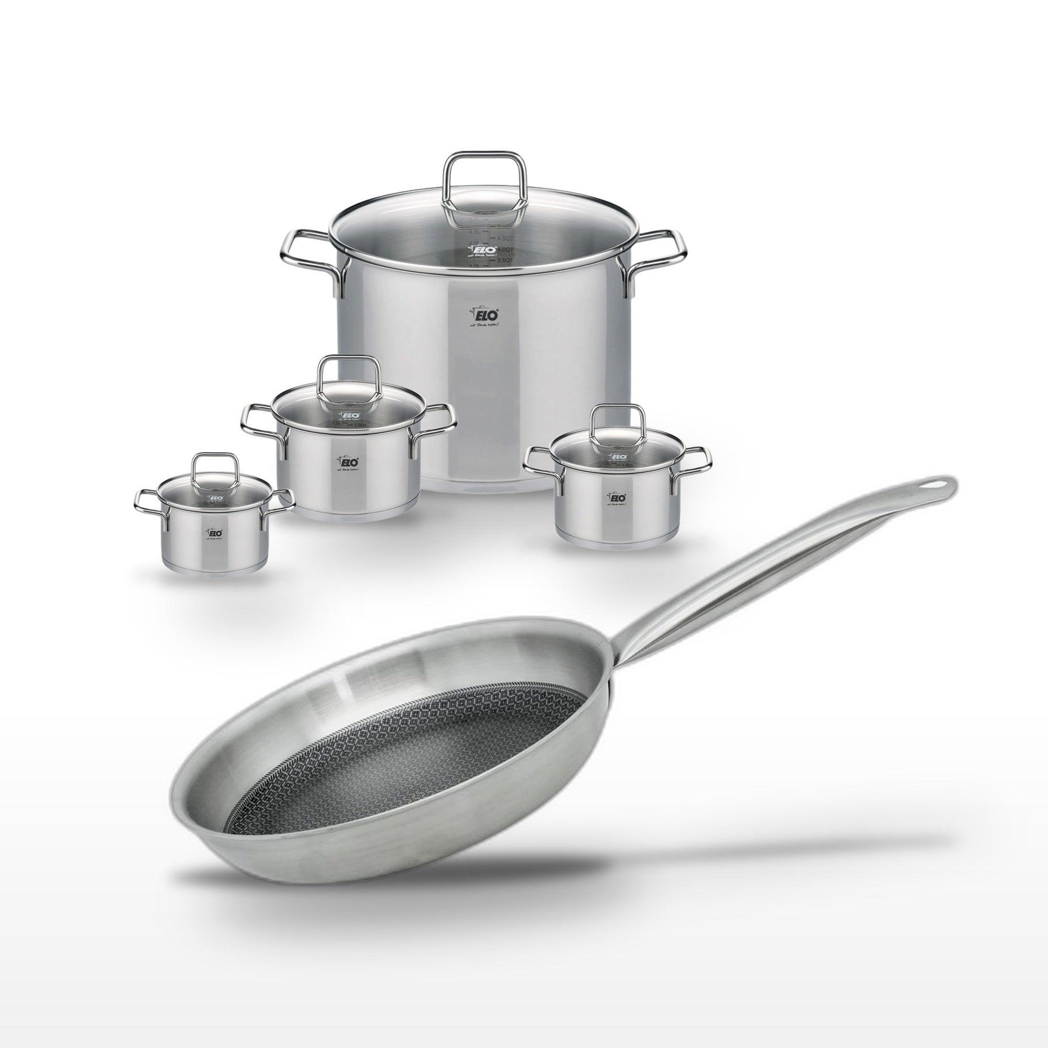 ELO Batterie de cuisine avec 2 faitouts 12/14 cm 1 faitout 16 cm 1 faitout 26 cm et 1 poêle 28 cm elo collection relief solution citrin