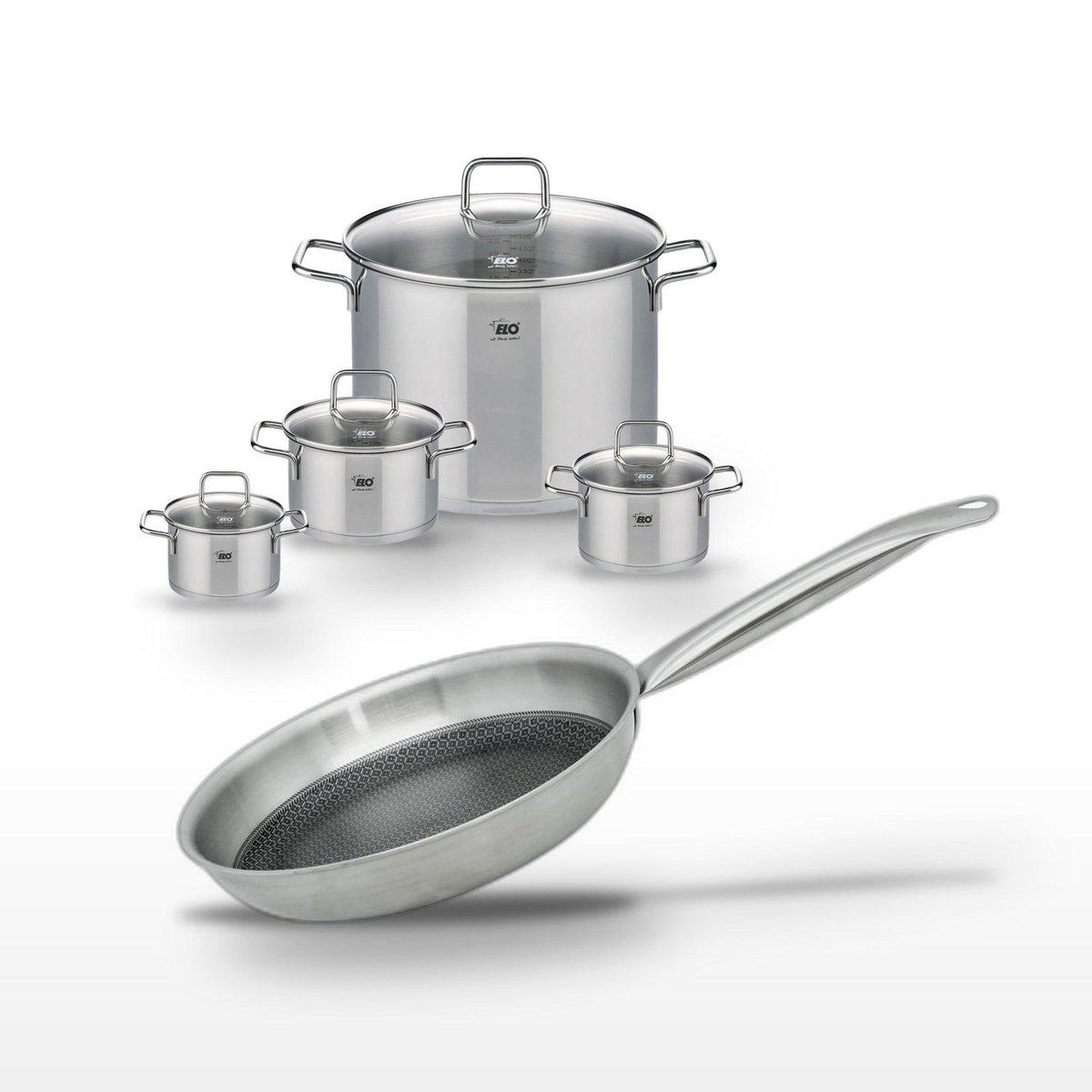 ELO Lot de 4 Faitouts en inox Elo Relief Solution avec Poêle 28 cm